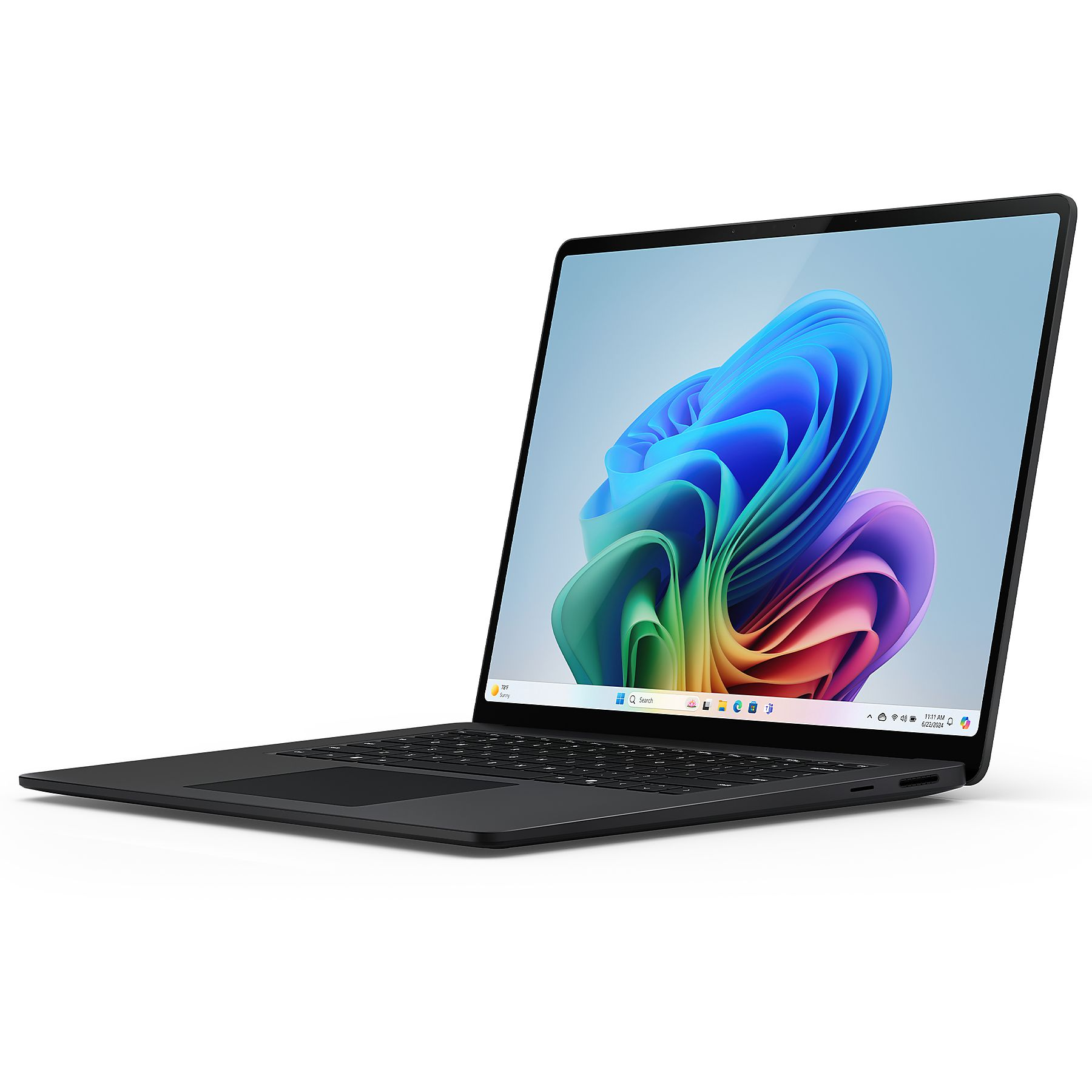 Laptop nero, parzialmente aperto, con un design colorato sullo schermo.