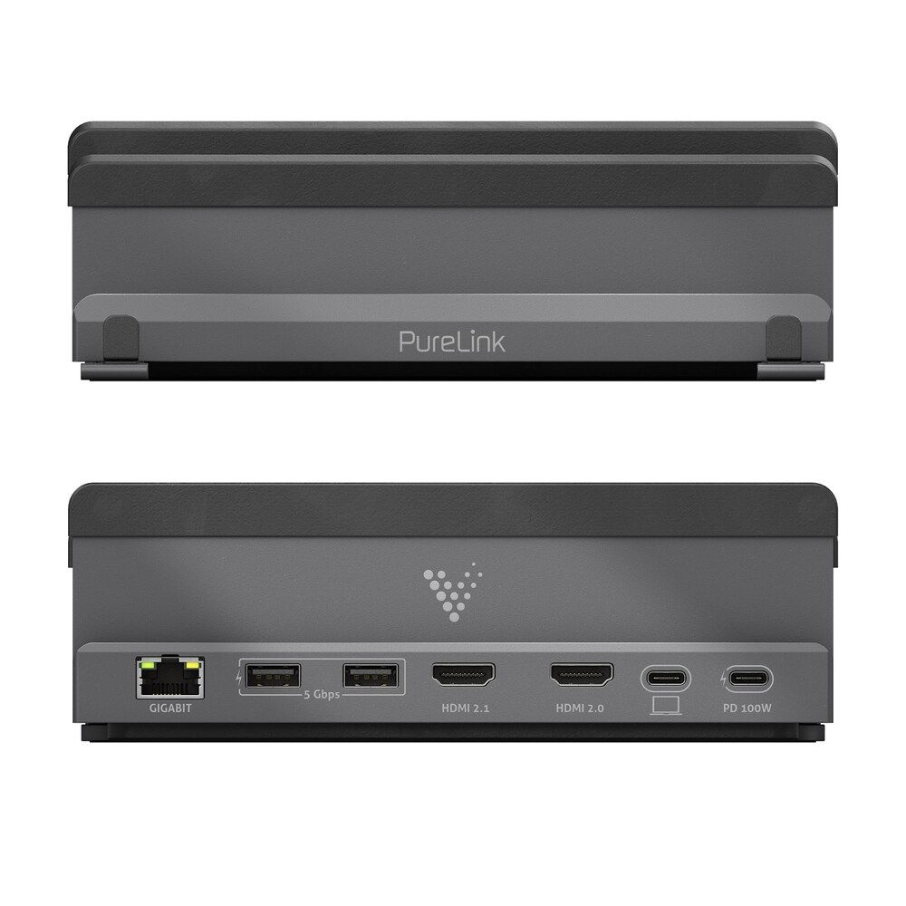 Docking station PureLink nera, viste anteriore e posteriore, con porte ed etichette.