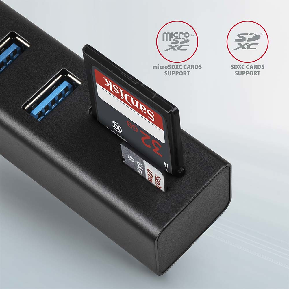 Ein schwarzer USB-Hub mit eingesetzter SD-Karte und Logos für Micro- und SD-Karten.