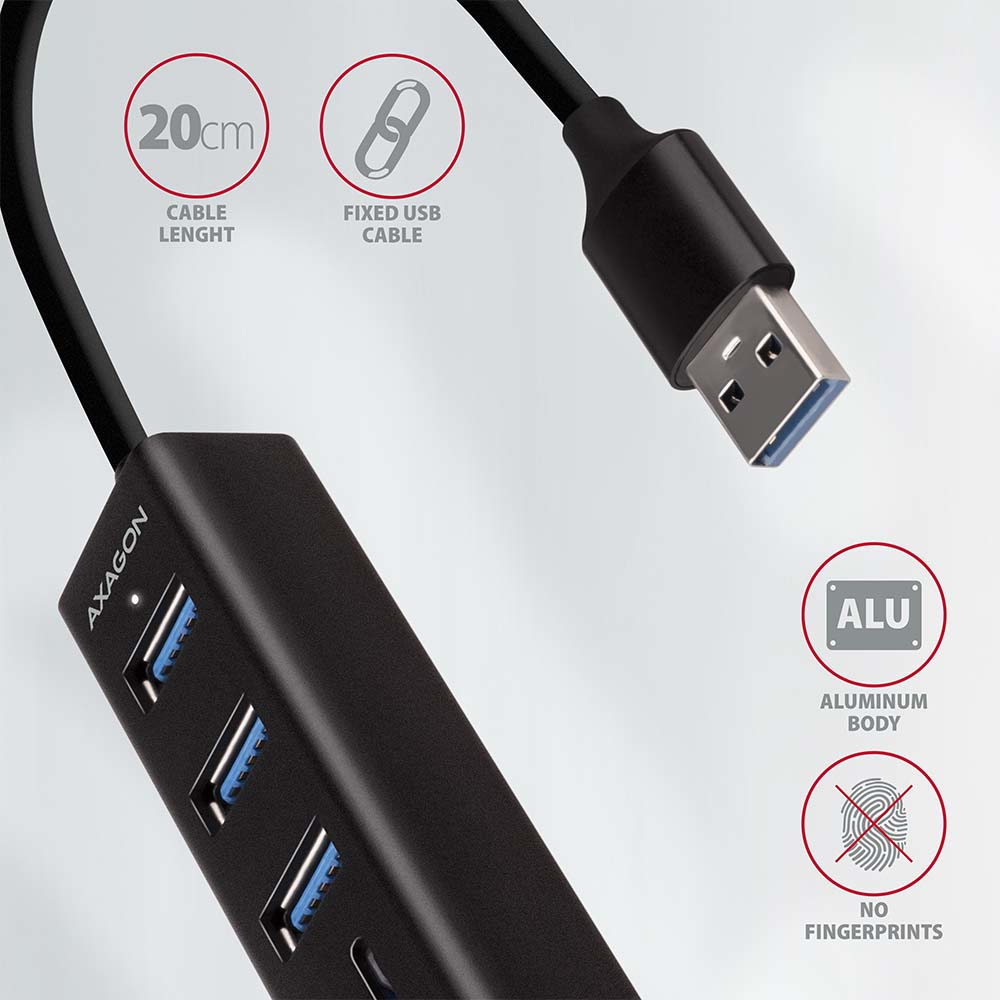 Schwarzer USB-Hub mit drei Anschlüssen, festem USB-Kabel und Symbolen für Aluminiumgehäuse.