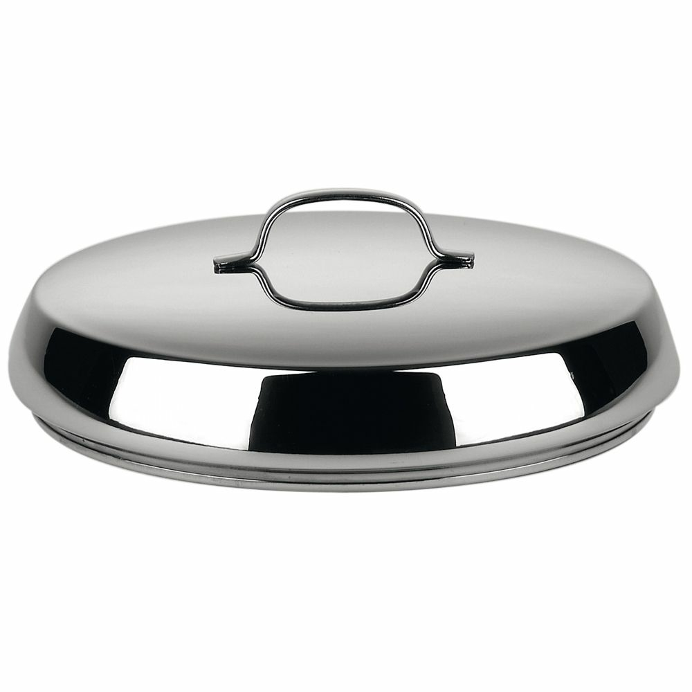 Glänzender Metalldeckel für einen Topf. Griff oben. Reflektierende Oberfläche. Weißer Hintergrund. Einfaches Design.