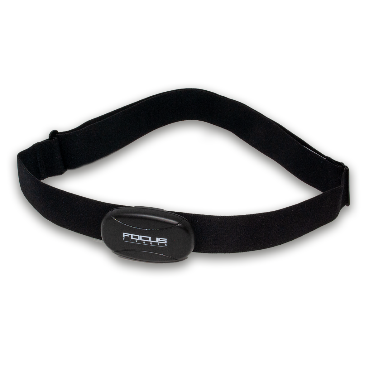Zwarte hartslagmeterband. Heeft een zwarte sensor met 'FOCUS FITNESS' erop.