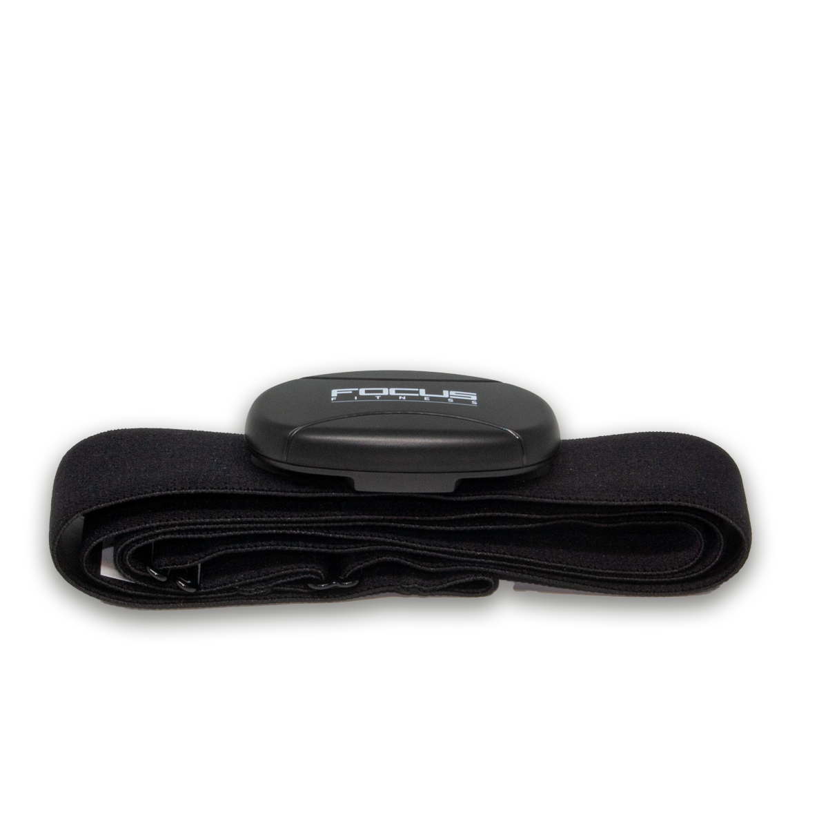Zwarte fitnesstracker-riem met een zwarte module. Op een witte achtergrond.