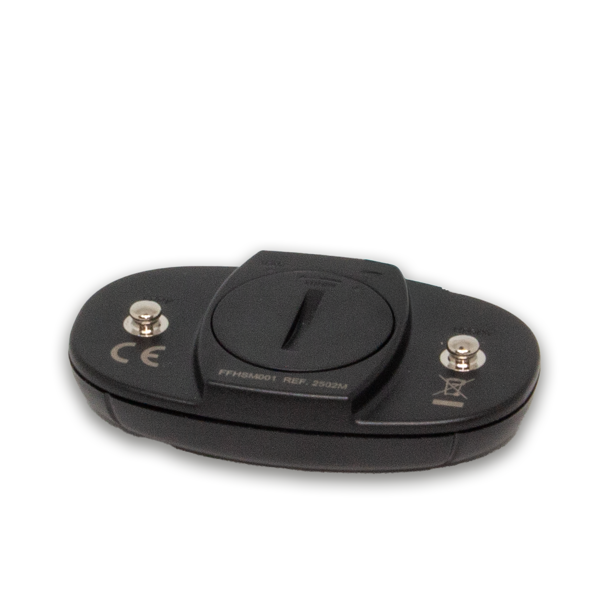 Zwart apparaat met middenstuk. Twee zilveren studs aan de zijkanten. Tekst: FFHSM001 REF. 2302M.