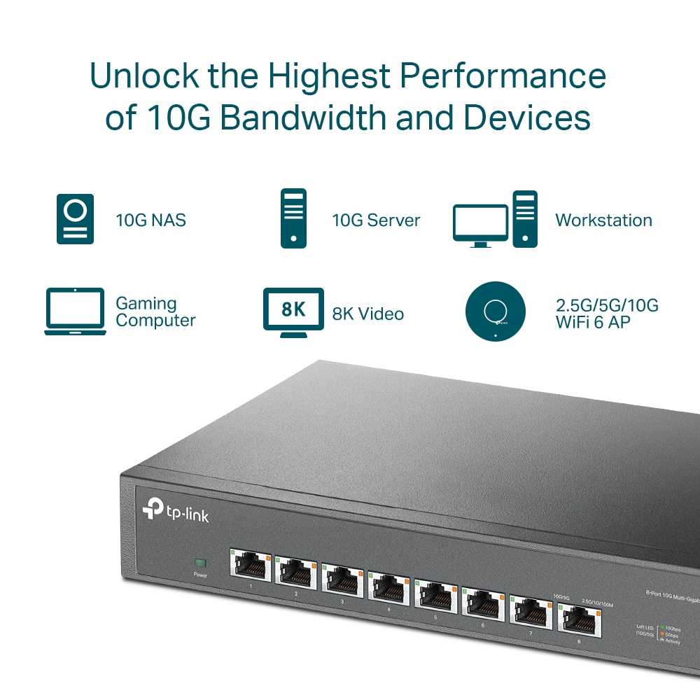 Un switch réseau TP-Link avec plusieurs ports et des icônes montrant les appareils compatibles.
