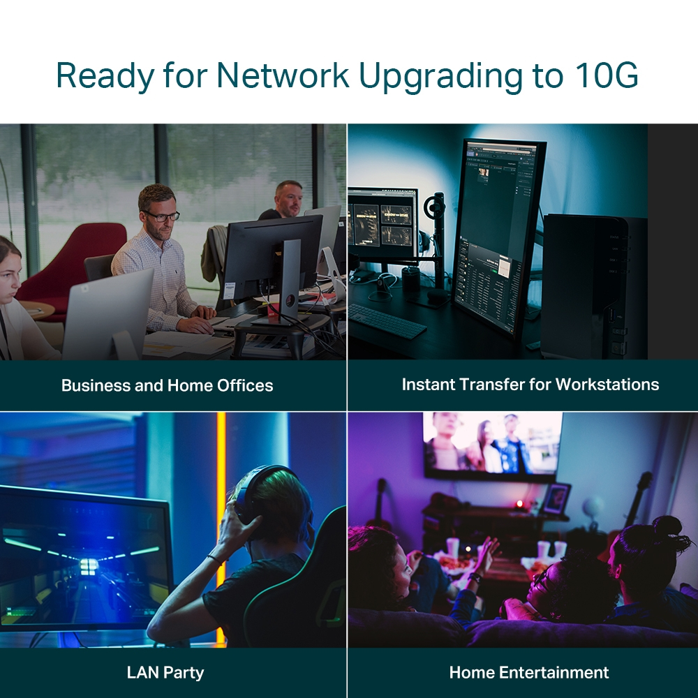Quatre images de personnes utilisant des réseaux pour les affaires, les postes de travail, les LAN parties et le divertissement à domicile.
