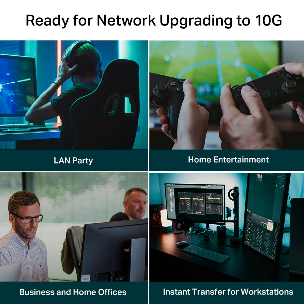 Obraz z czterema scenami: granie, rozrywka domowa, biuro domowe i biznes.