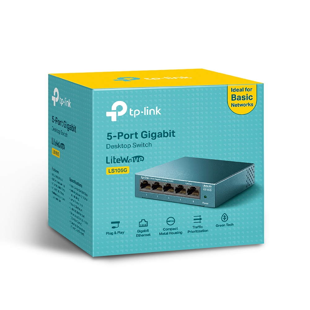 Pudełko TP-Link 5-Port Gigabit Desktop Switch, z przełącznikiem i funkcjami.