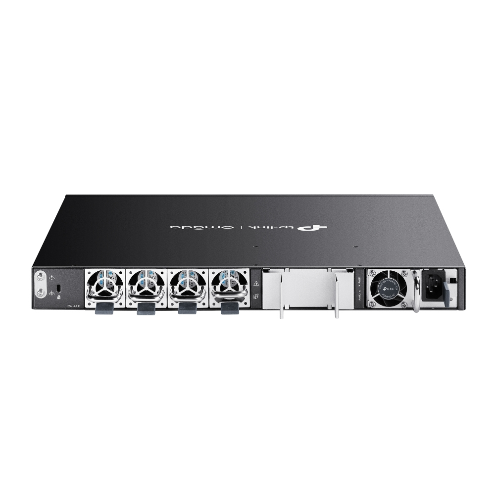 Schwarzer TP-Link Omada Netzwerk-Switch. Die Rückseite enthält Anschlüsse, Lüfter und Stromeingang.