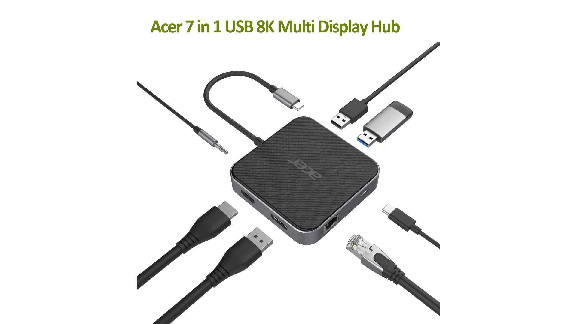 Hub Acer 7 in 1 USB 8K Multi Display con vari cavi collegati.