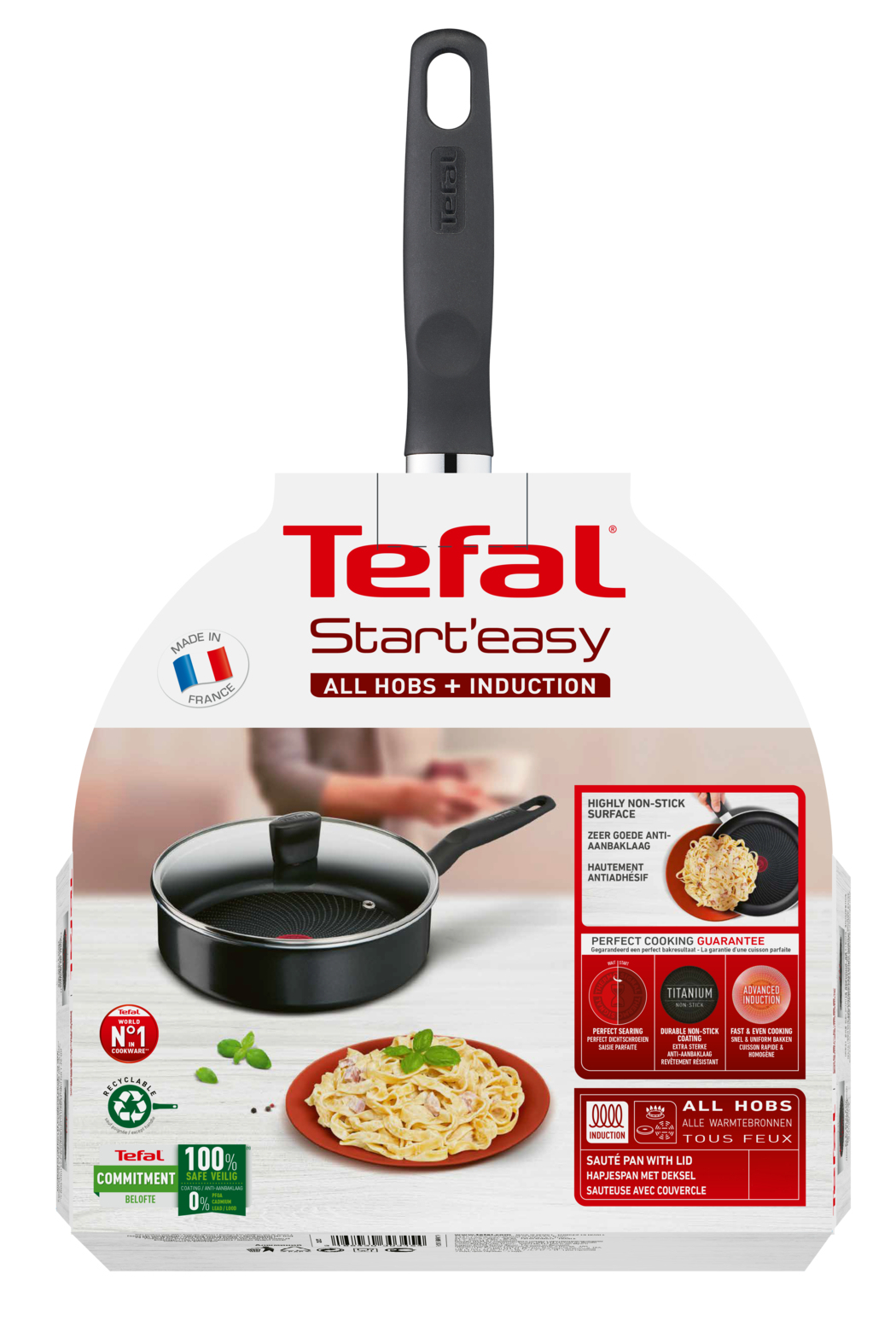 Tefal Start'easy pan packaging, with the pan, lid and food image on the front.