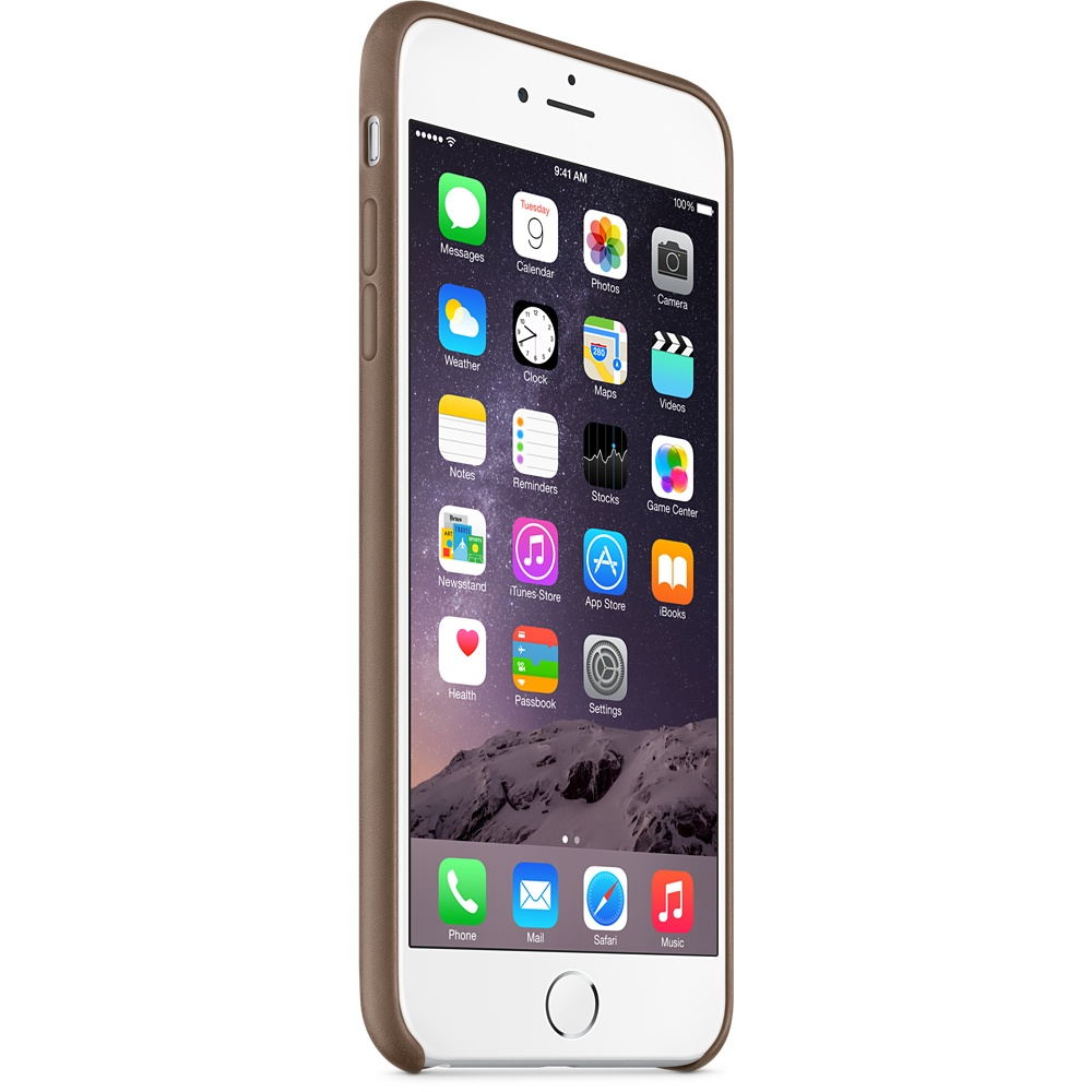 iPhone 6 con custodia marrone su sfondo bianco. Il telefono mostra le app.