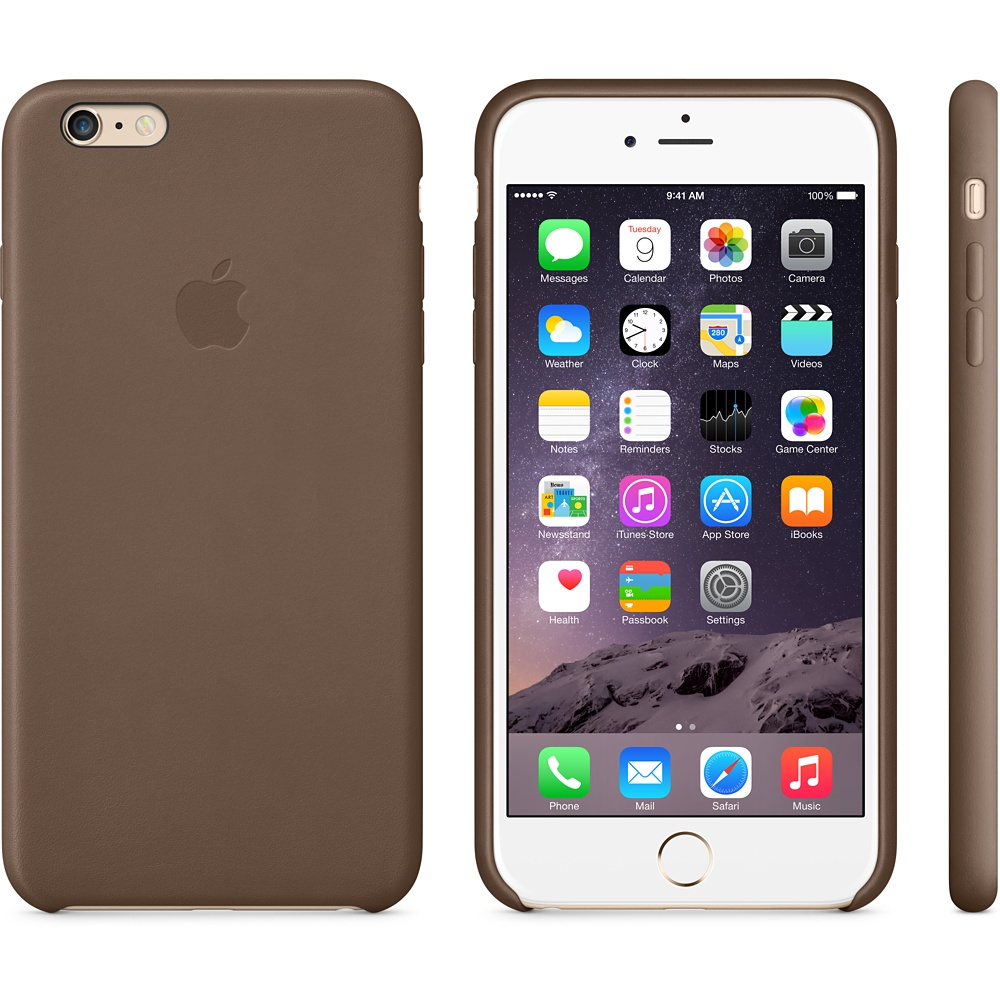 Un iPhone in una custodia di pelle marrone. Il telefono mostra la schermata iniziale con le icone delle app. La custodia copre il telefono.