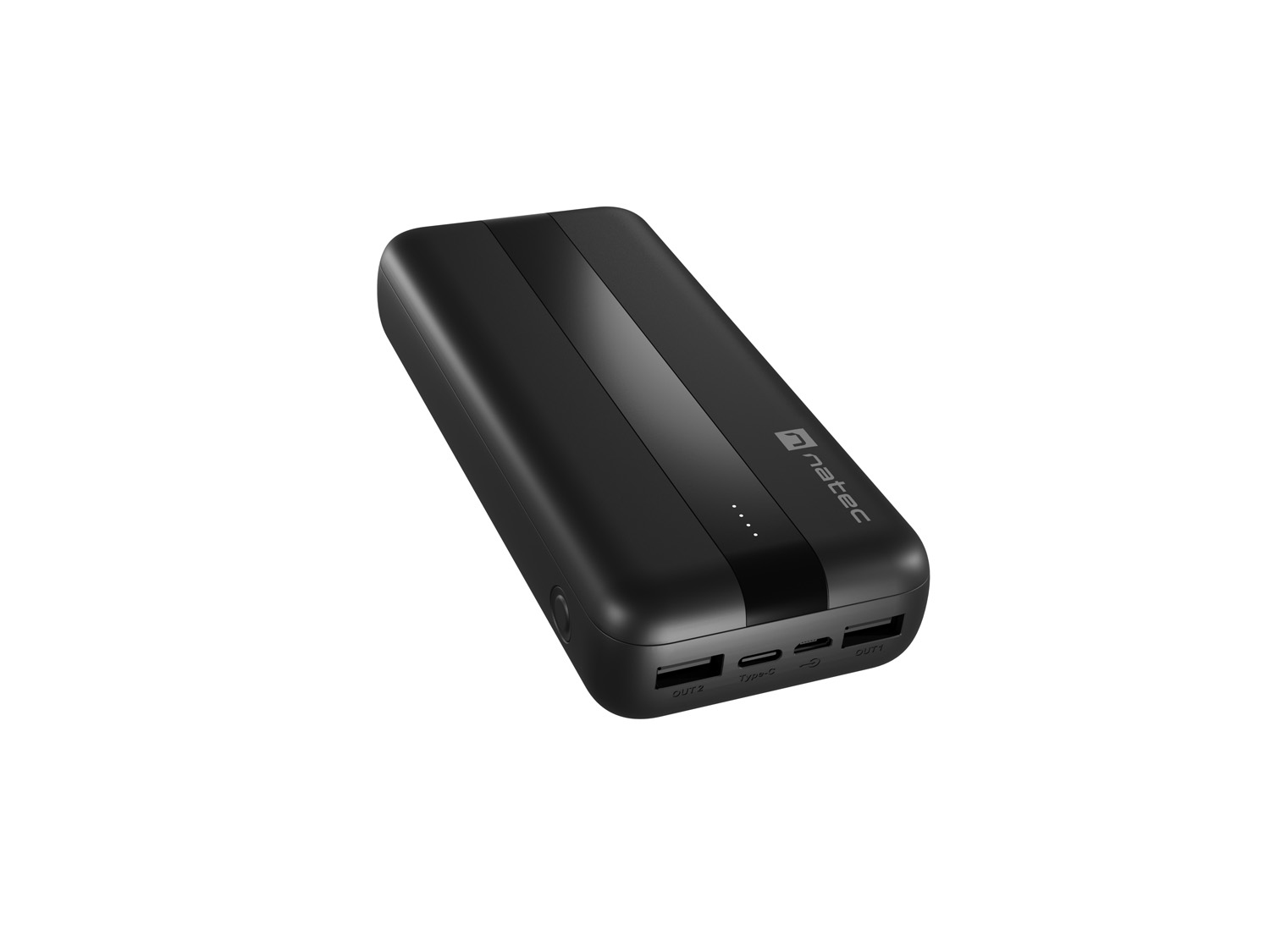 Un power bank nero su sfondo bianco.