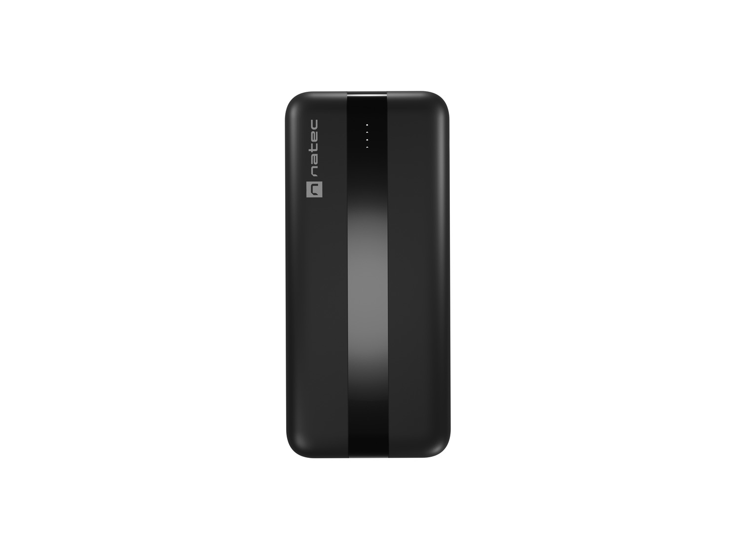 Power bank nero con una striscia nera centrale e il logo natec. Tre luci in alto.
