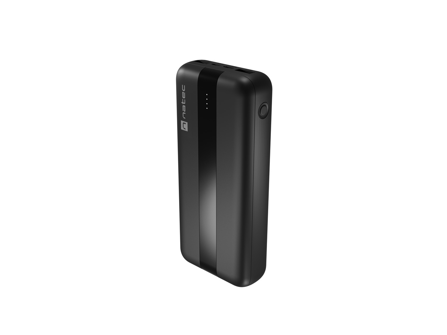 Power bank Natec nero su bianco. Ha una striscia nera verticale e un pulsante di accensione.