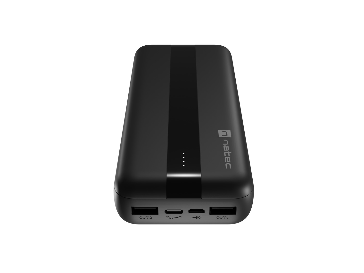 Un power bank nero con una striscia centrale e diverse porte di uscita. È un caricatore portatile rettangolare.