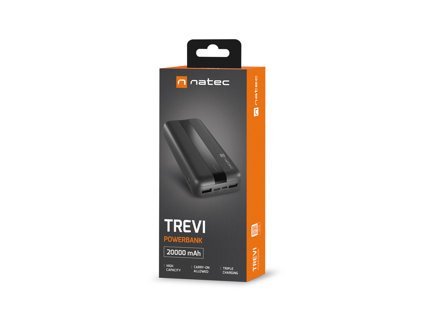 Una scatola di power bank Natec nera e arancione con il prodotto esposto.