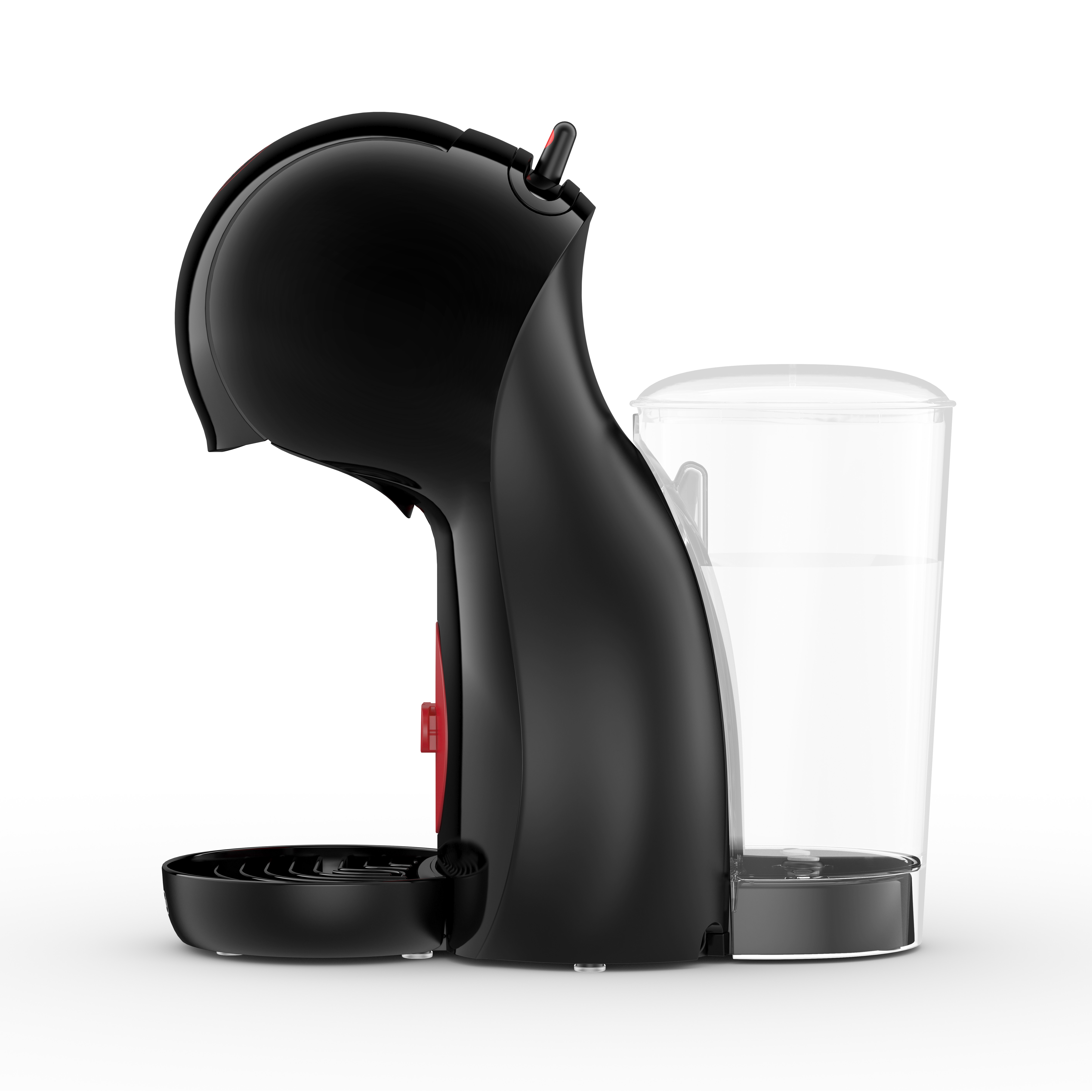 Widok z boku czarno-czerwonego ekspresu do kawy z przezroczystym zbiornikiem na wodę.