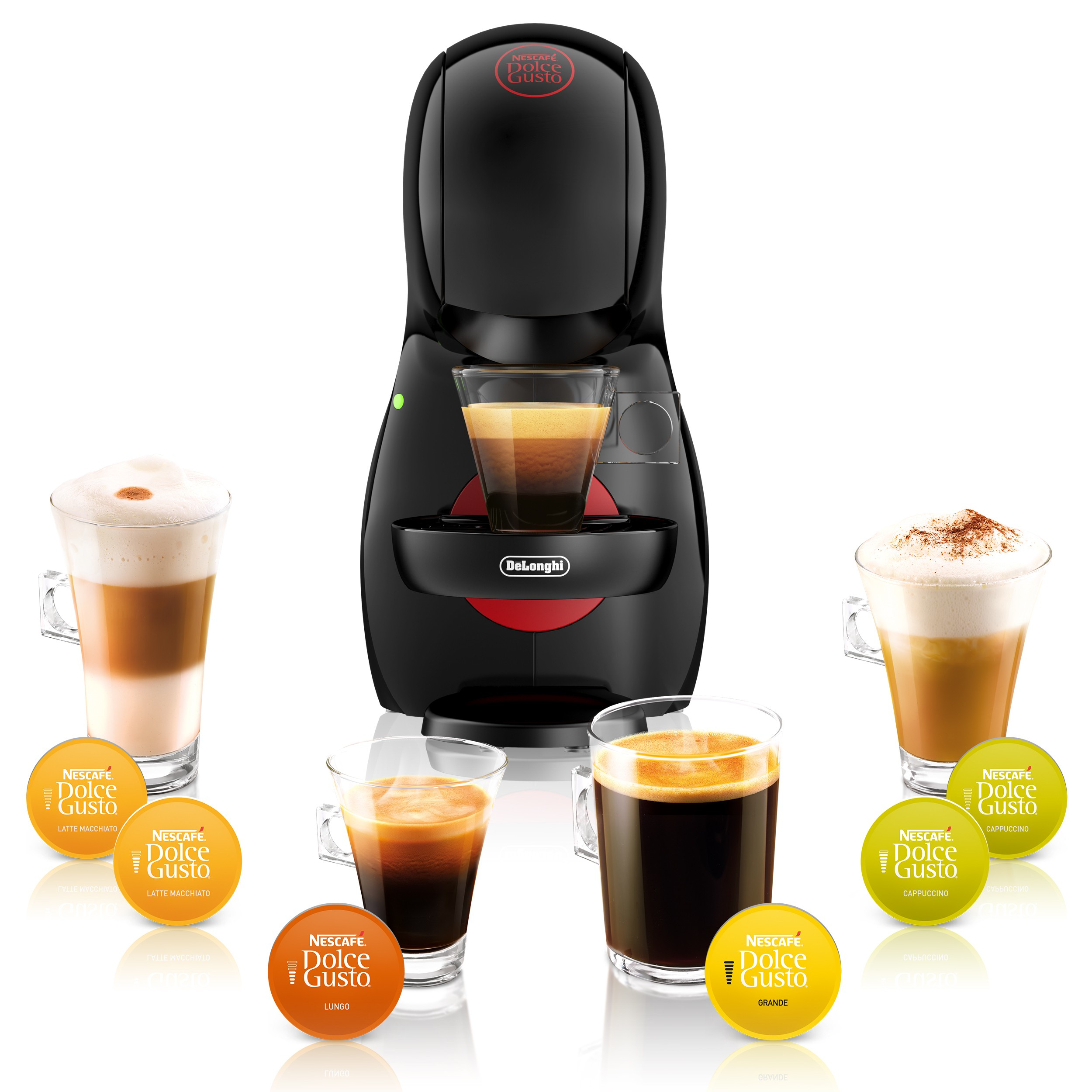 Czarny ekspres Dolce Gusto z różnymi kapsułkami i filiżankami.