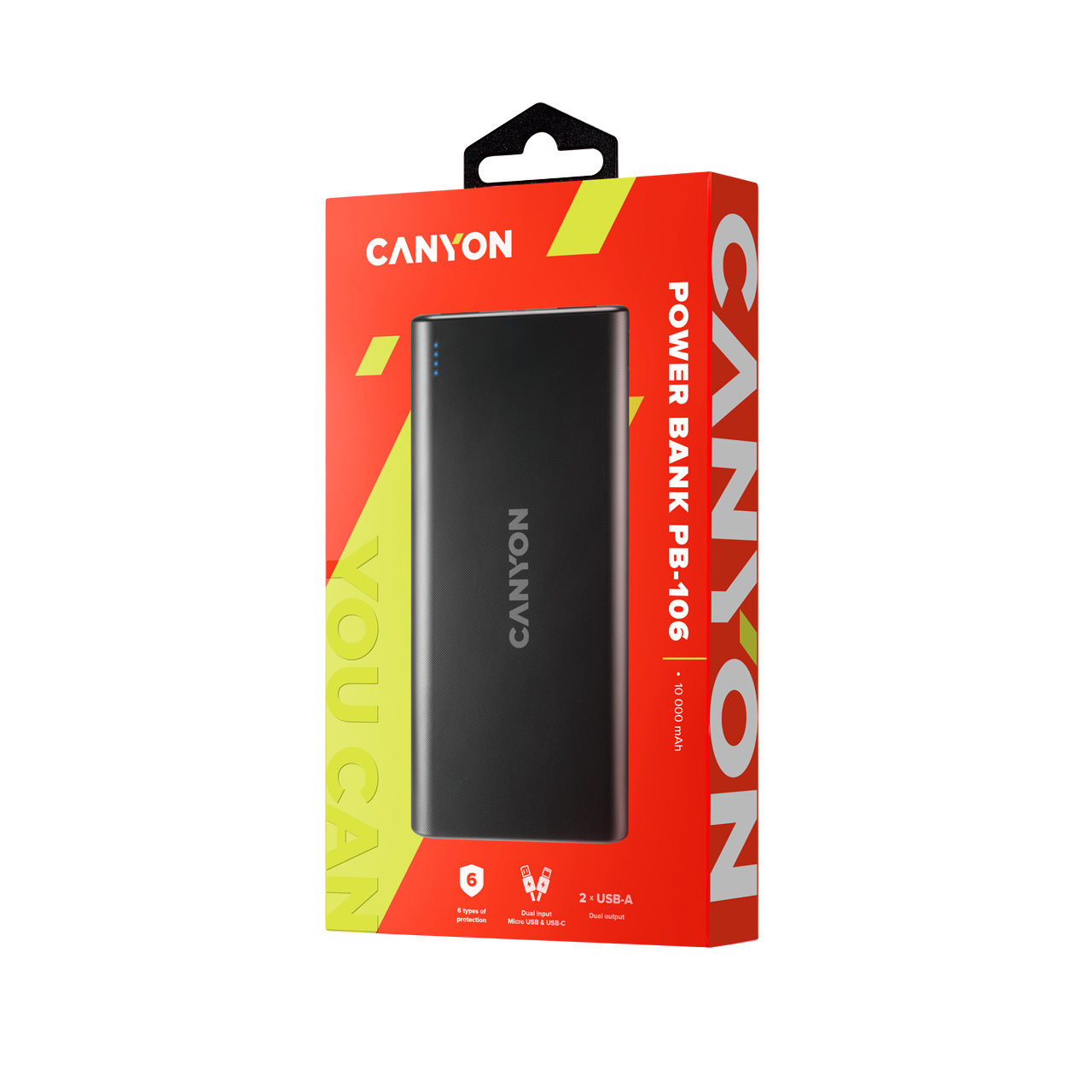 Una caja de banco de energía roja y negra con el logotipo de Canyon y un banco de energía negro.