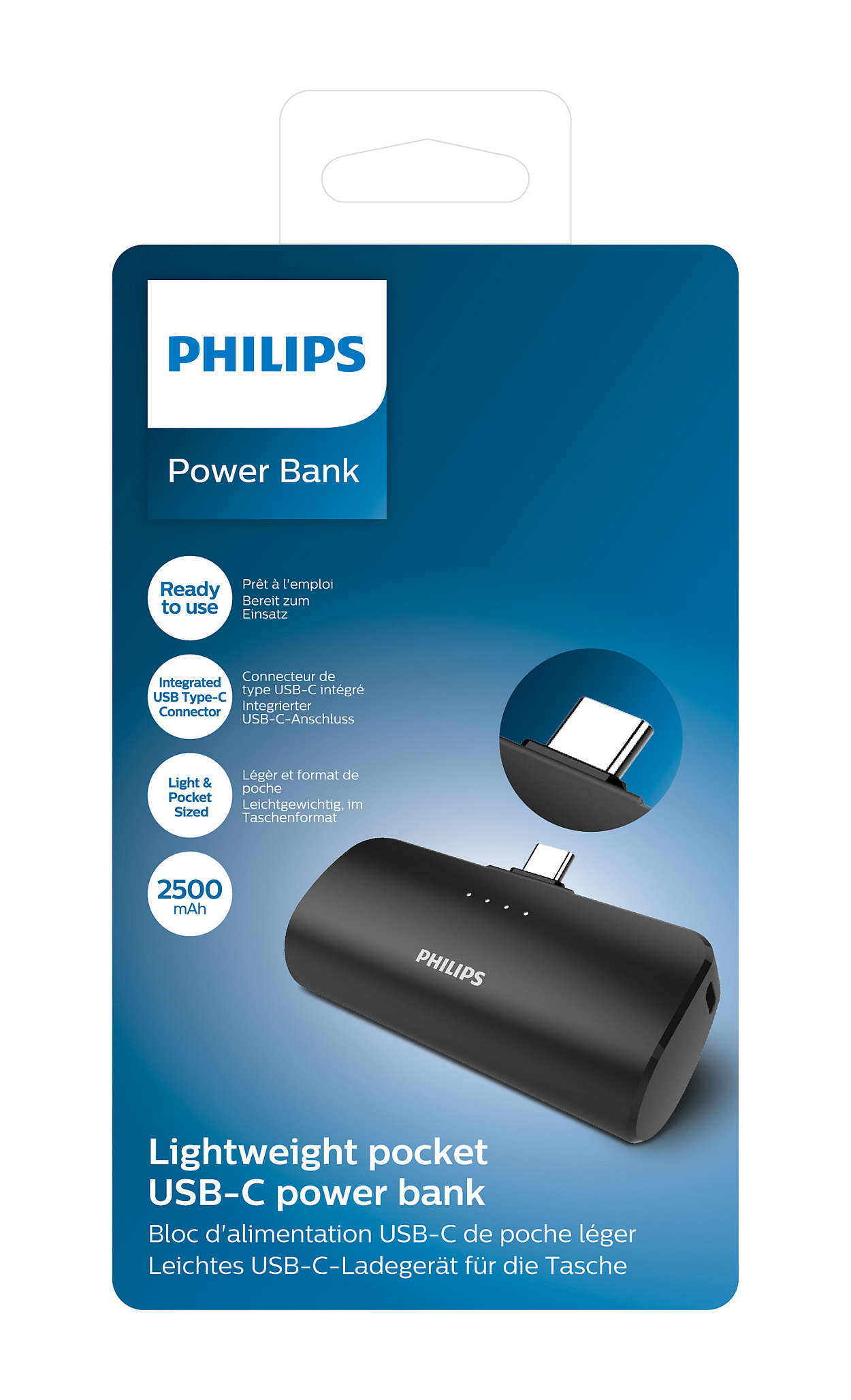 Batterie externe Philips noire avec un connecteur USB-C. L'emballage montre le produit et ses caractéristiques.