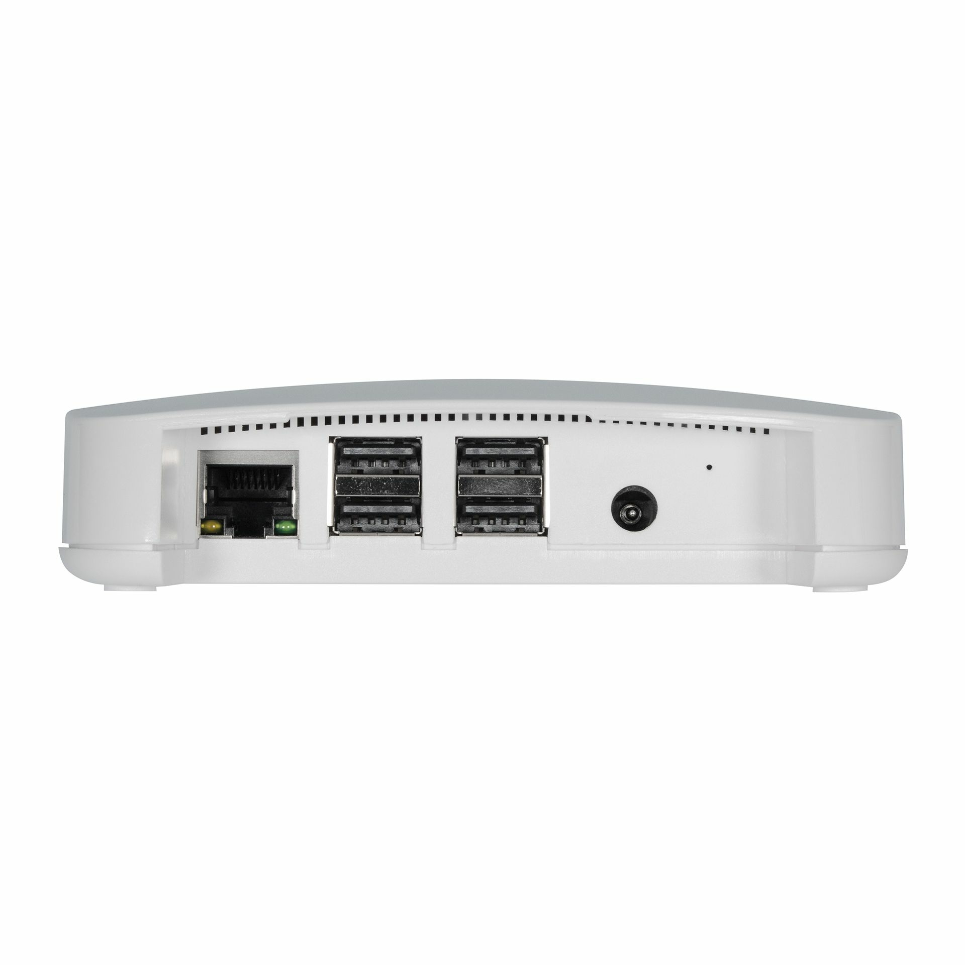 Rückseite eines weißen Geräts mit sichtbaren Anschlüssen und Steckern: Ethernet, USB, Stromeingang.