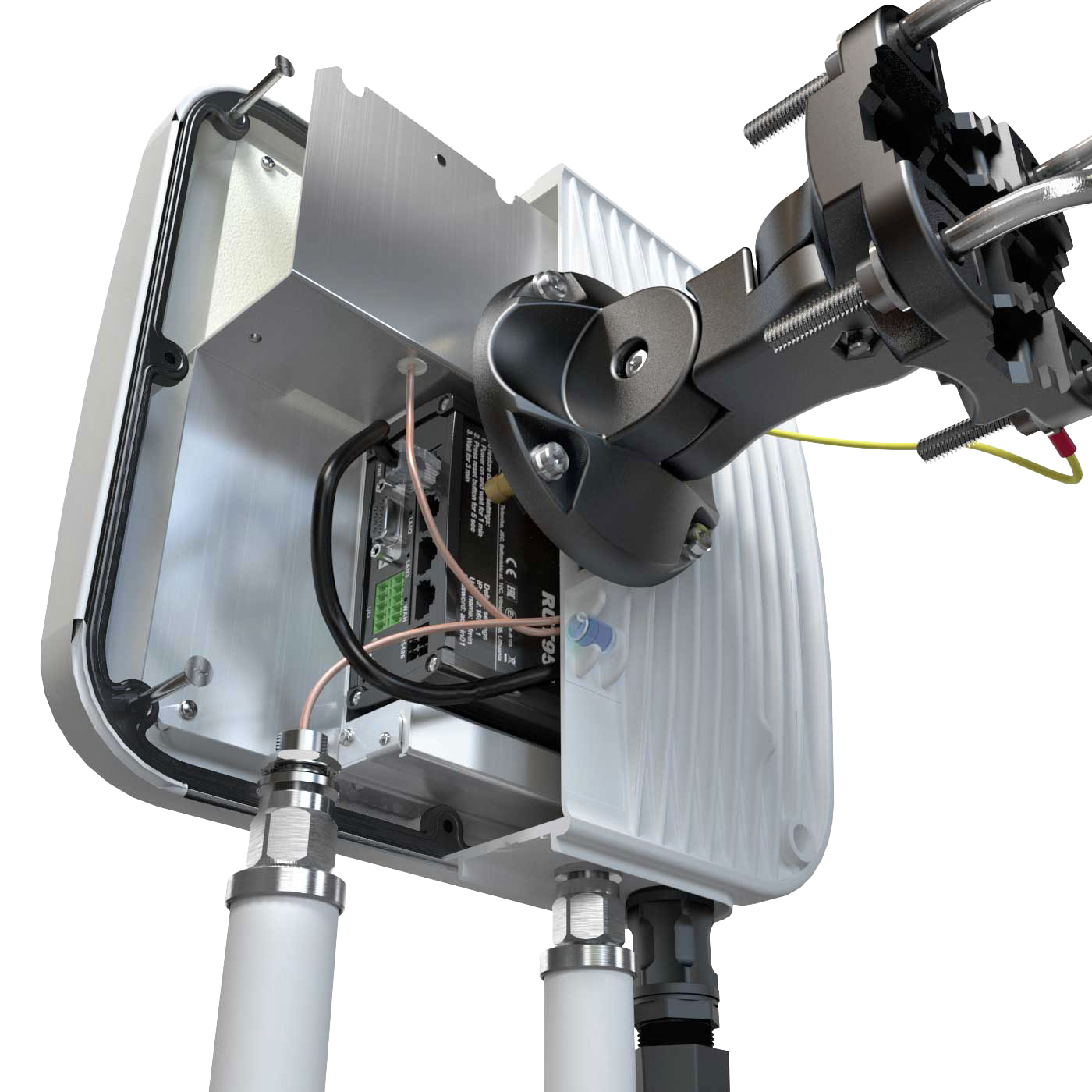 Otwarte urządzenie pokazujące wewnętrzne komponenty. Białe i metaliczne, z przewodami i obwodami.