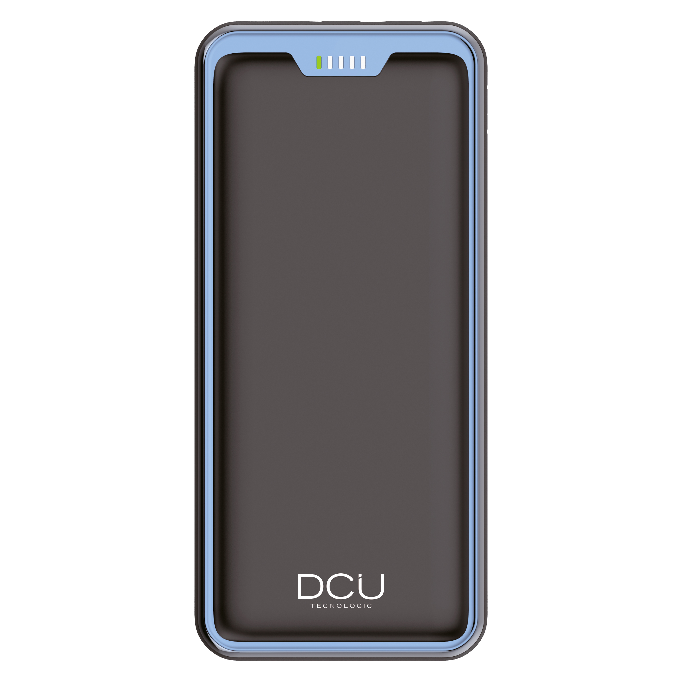 Eine dunkelgraue Powerbank mit blauem Rand und dem Markennamen DCU Tecnologic darauf geschrieben.
