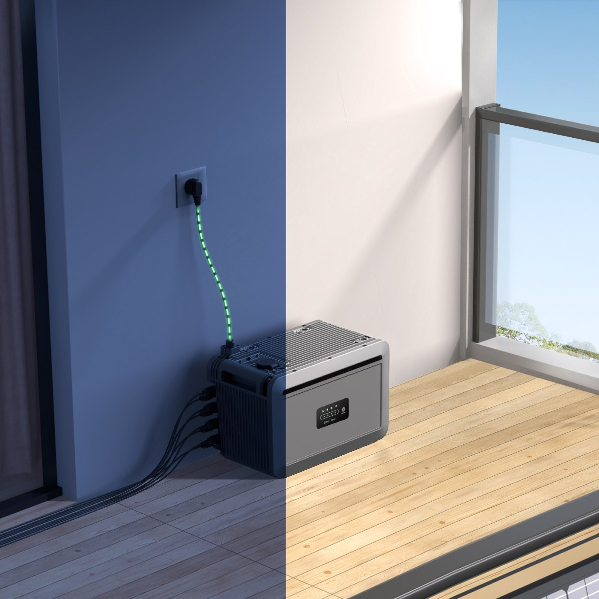Eine tragbare Powerstation ist an eine Steckdose angeschlossen. Rechts ein Balkon mit Holzboden.