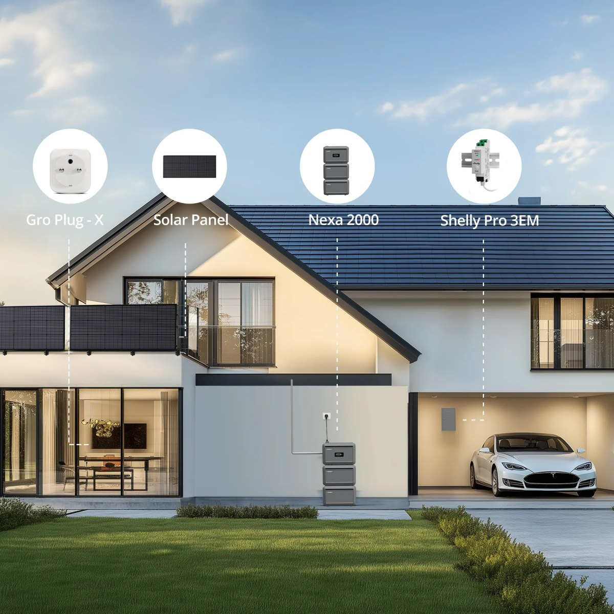 Modernes Haus mit Sonnenkollektoren, EV-Ladegerät und Smart-Geräten.