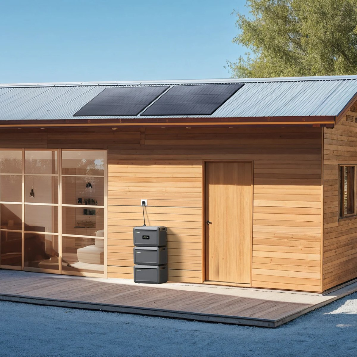 Solarpaneele auf einem Holzgebäude mit Energiespeichereinheit. Sonniger Tag.
