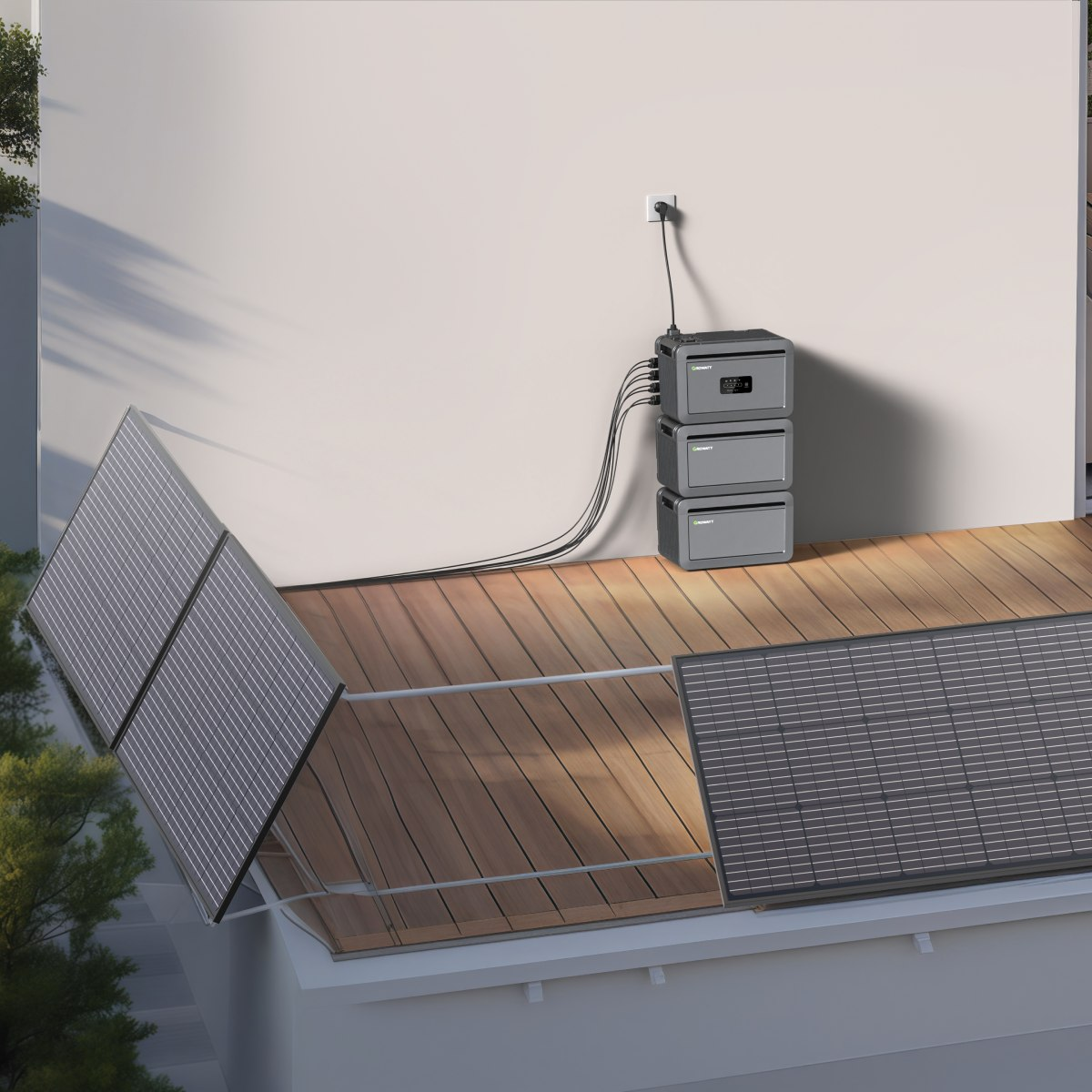 Solarpaneele auf einem Deck, an eine graue Energiestation angeschlossen. Im Hintergrund eine weiße Wand.