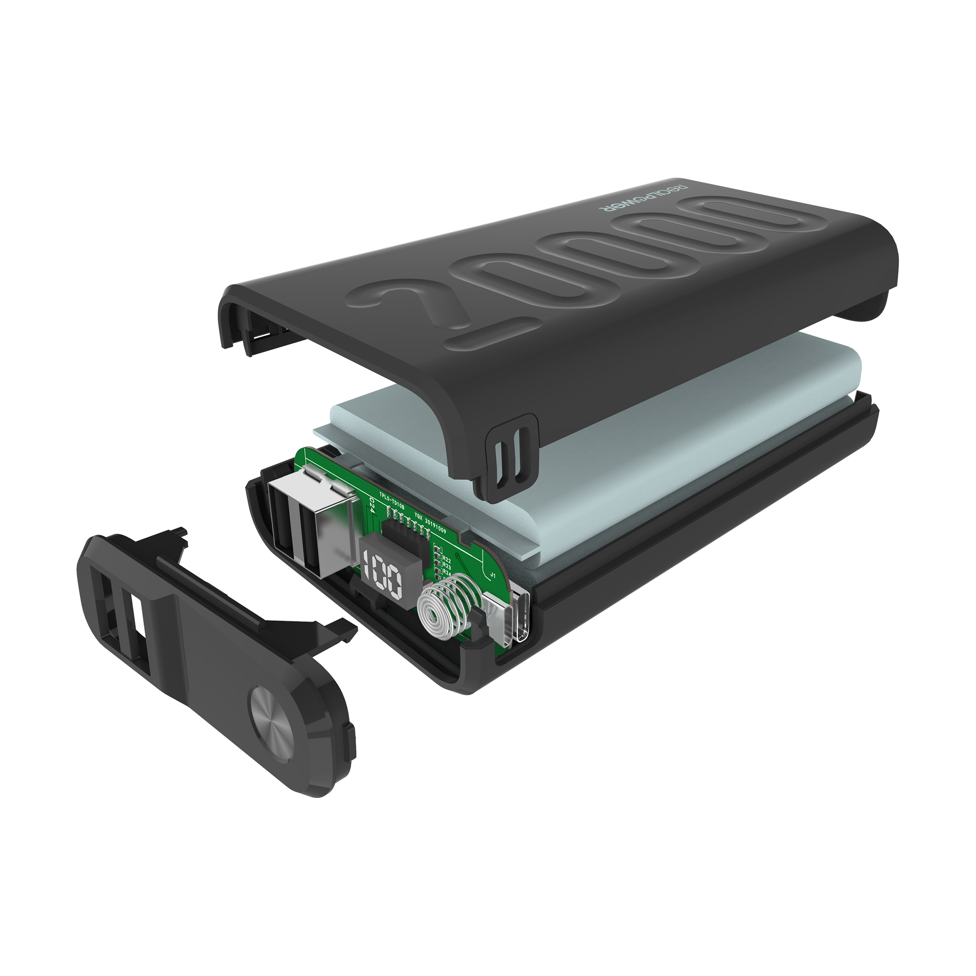 Schwarze Powerbank, geöffnet. Zeigt interne Komponenten, einschließlich eines Bildschirms mit '100'. Text: 2000, DecaPower.