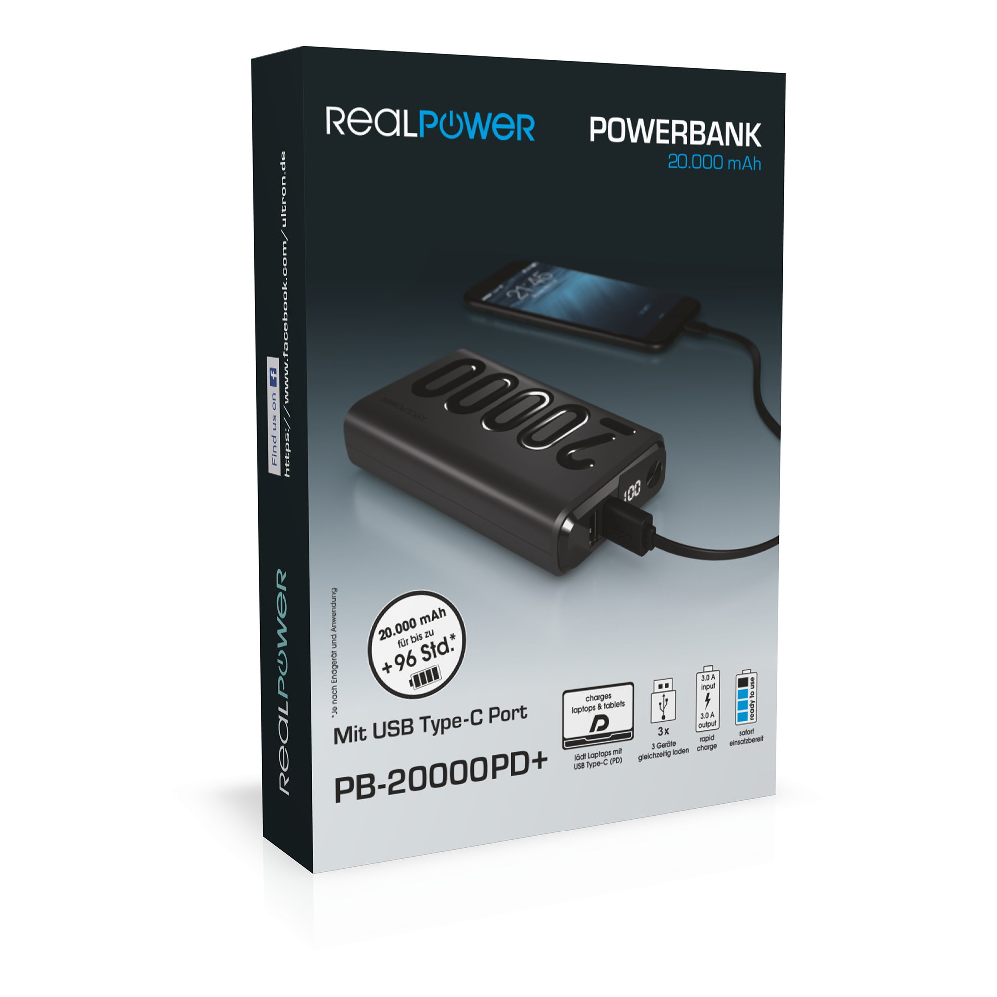 Eine schwarze RealPower Powerbank-Box. Die Box zeigt ein Bild eines Telefons und der Powerbank.