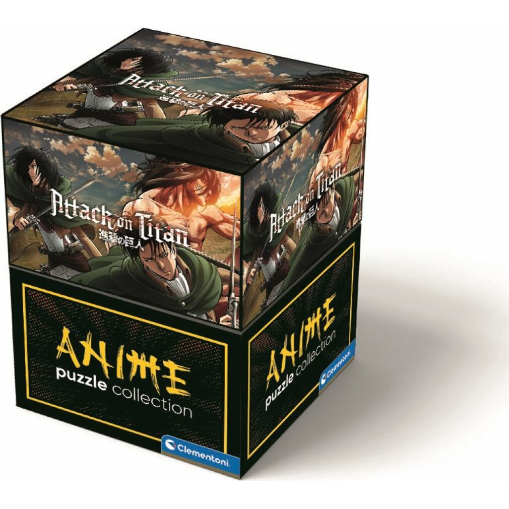 Pudełko z puzzlami ze zdjęciami z anime 'Attack on Titan'. Ciemne tło.