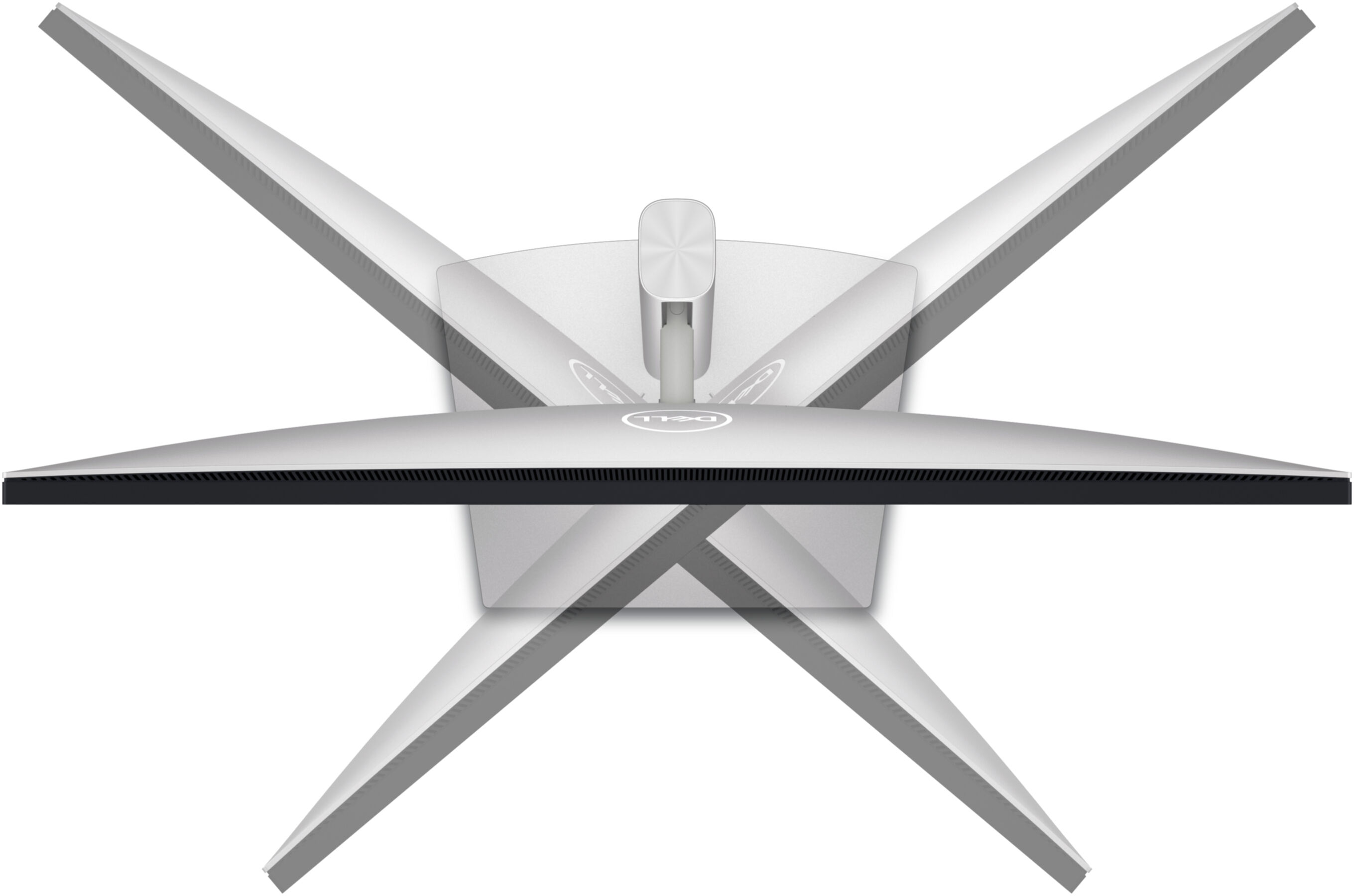 Monitor Dell widziany z góry z ekranem i podstawą. Ekran jest obrócony po przekątnej.