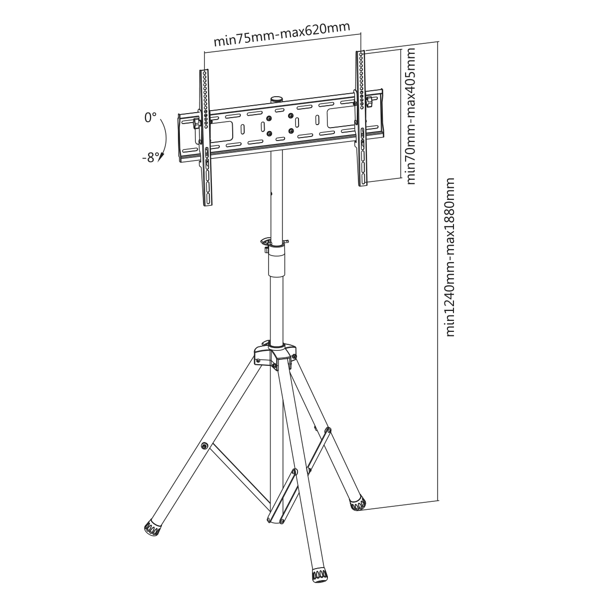 TV-Ständer-Diagramm. Schwarz-Weiß, mit Abmessungen und Winkeln.