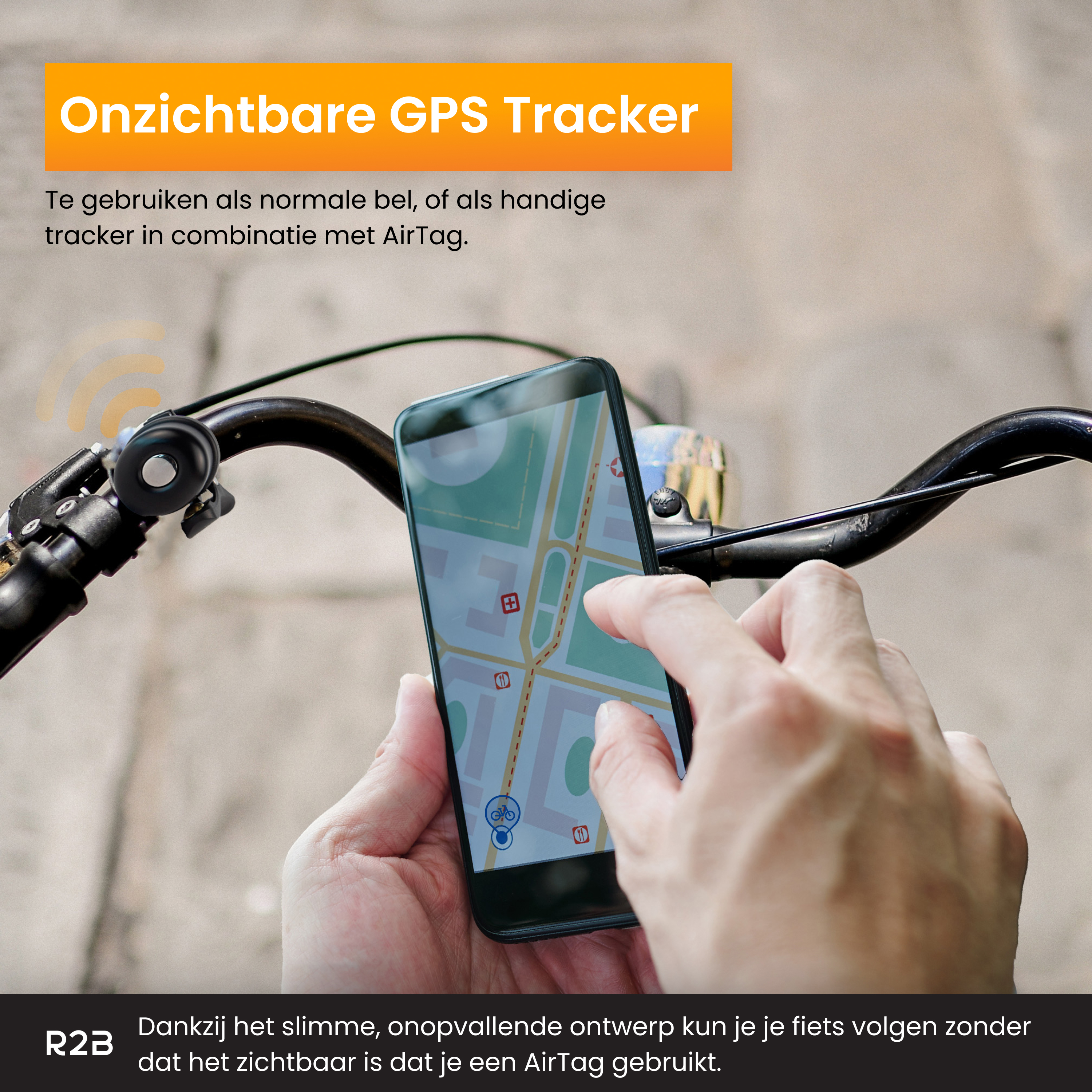 A person holding a phone with a map, near a bike. Text reads 'Invisible GPS Tracker'.