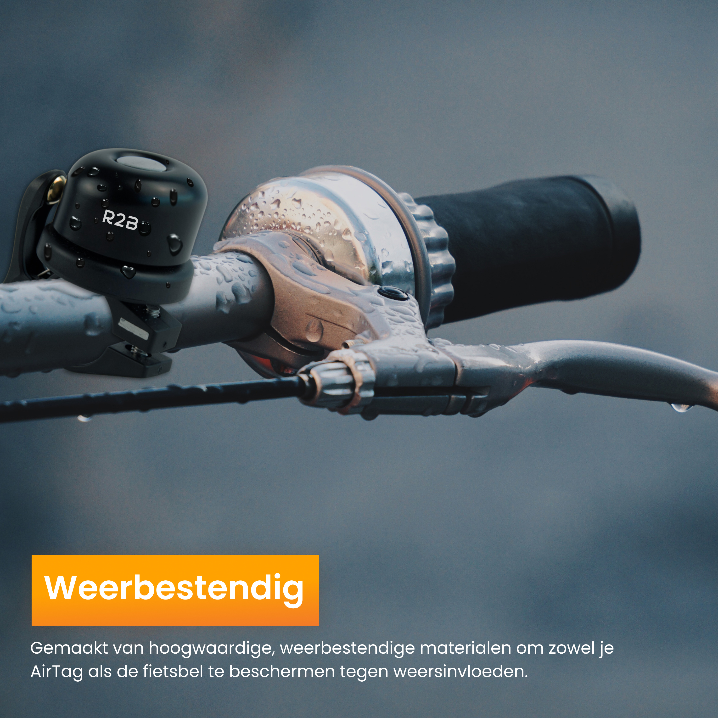 A bicycle handlebar with a black bell. Water droplets are visible, suggesting weather resistance.