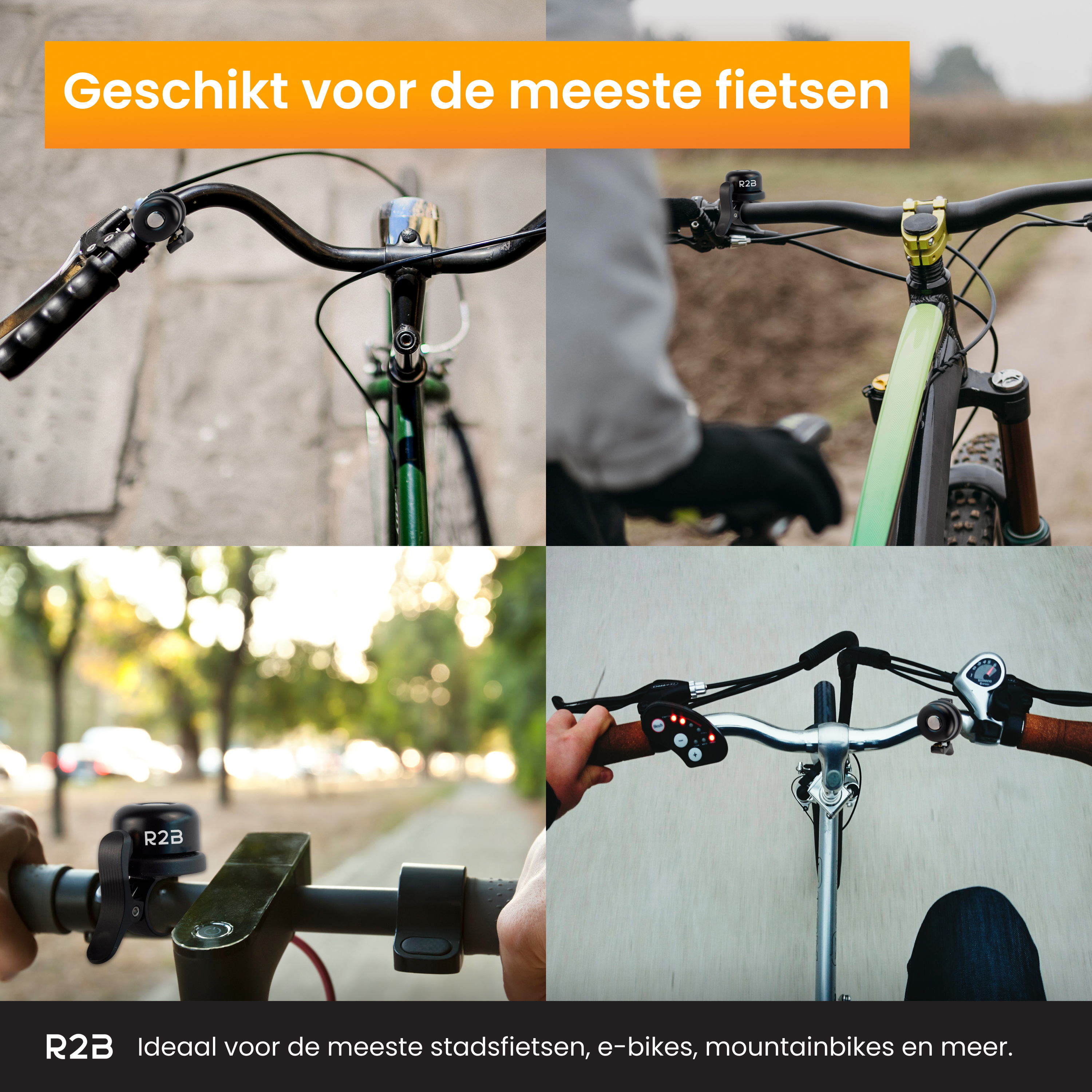 Collage of bike handlebars. Various styles. Text overlay: 'Suitable for most bikes.' Multiple bikes are shown.
