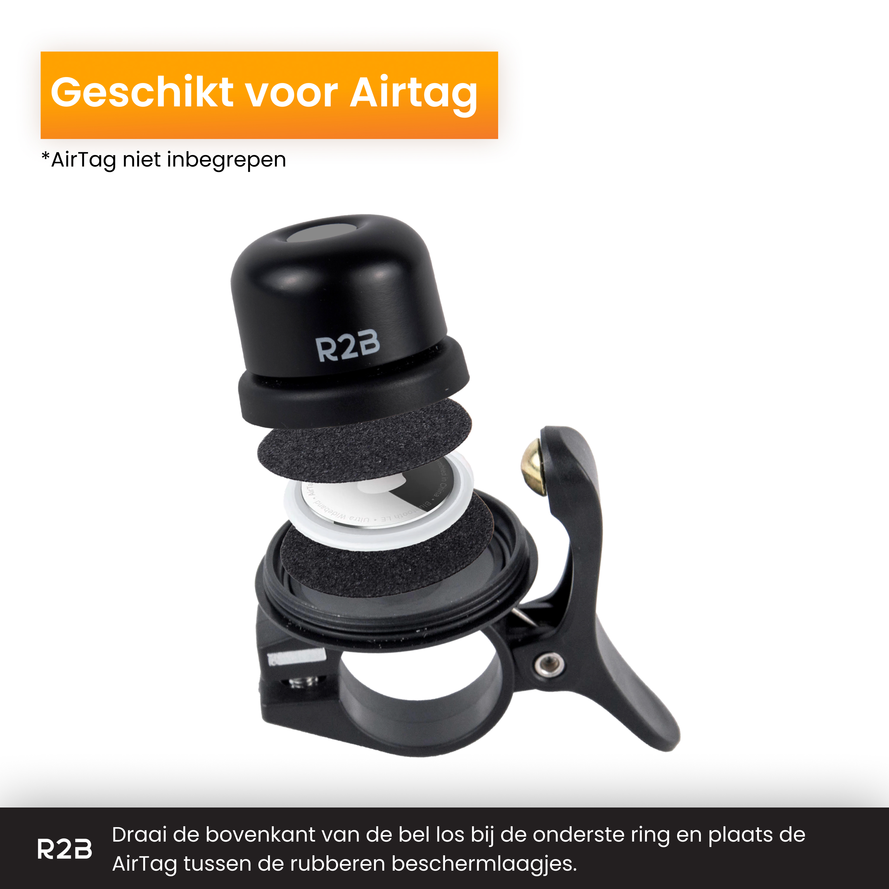 R2B AirTag bicycle bell, disassembled to show components, black and white.
