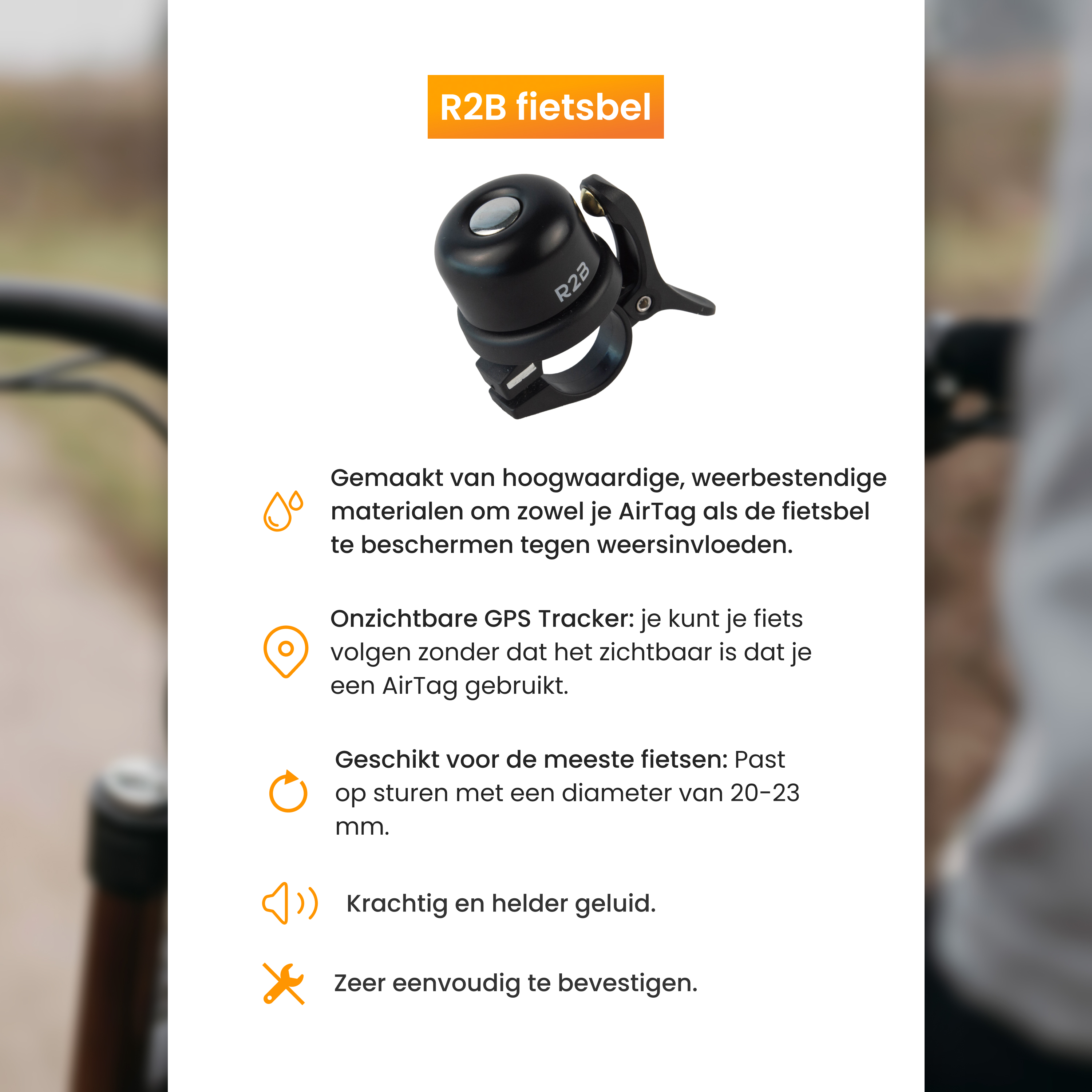 Black bicycle bell with text and icons, with text in Dutch.