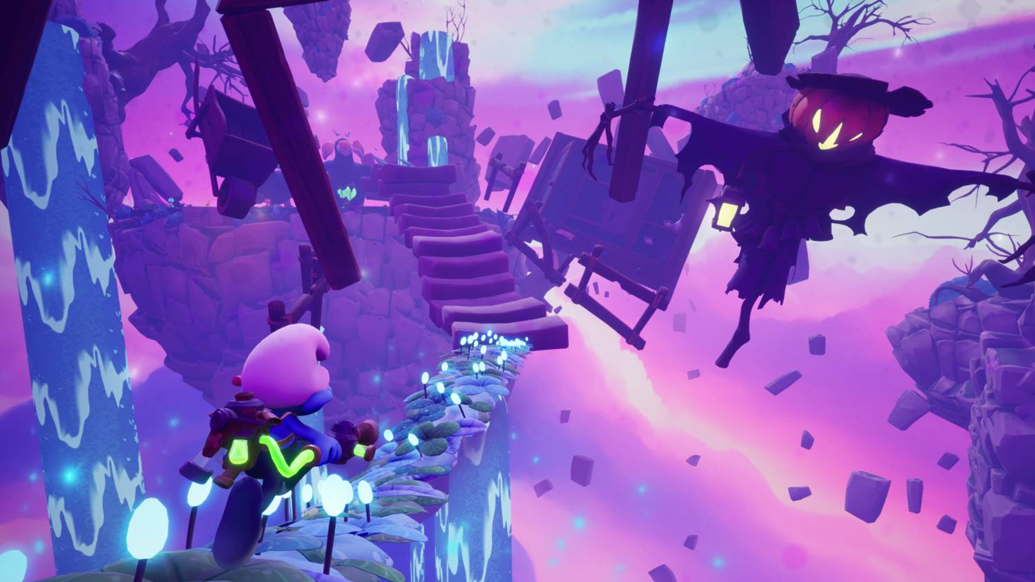 Scena z gry wideo z postacią biegnącą ścieżką w kierunku stracha na wróble w fioletowym otoczeniu.