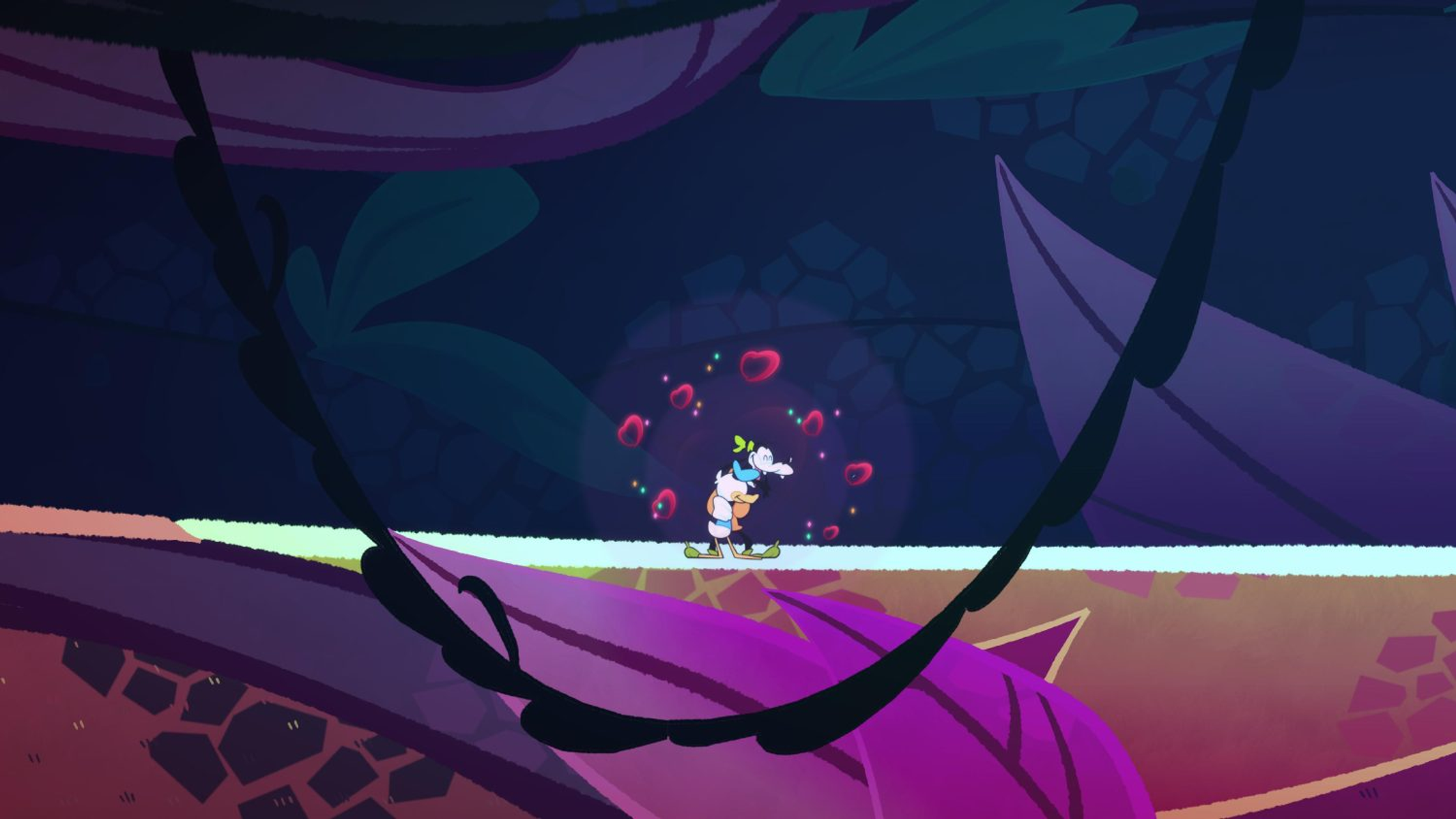 Goofy na nartach w kolorowej scenerii dżungli z różową florą i ciemnymi pnączami.