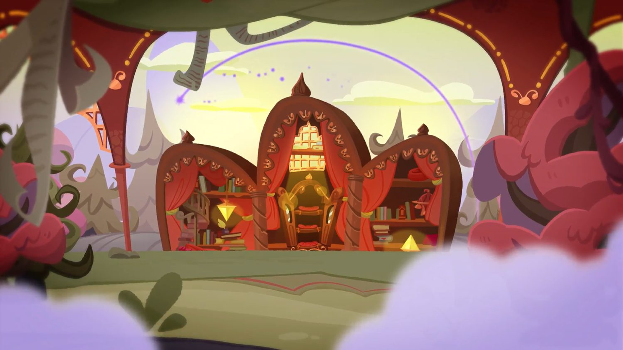 Scena w stylu kreskówki przedstawiająca bibliotekę z półkami na książki i czerwonymi zasłonami.