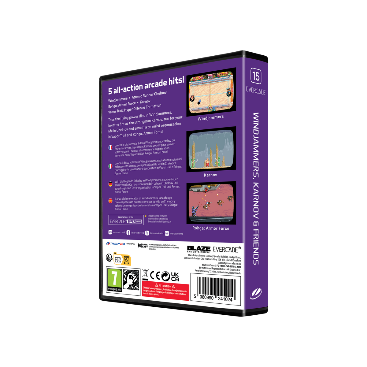 Pudełko gry Windjammers, Karnov & Friends. Pokazuje zrzuty ekranu z rozgrywki i logo "EVERCADE".