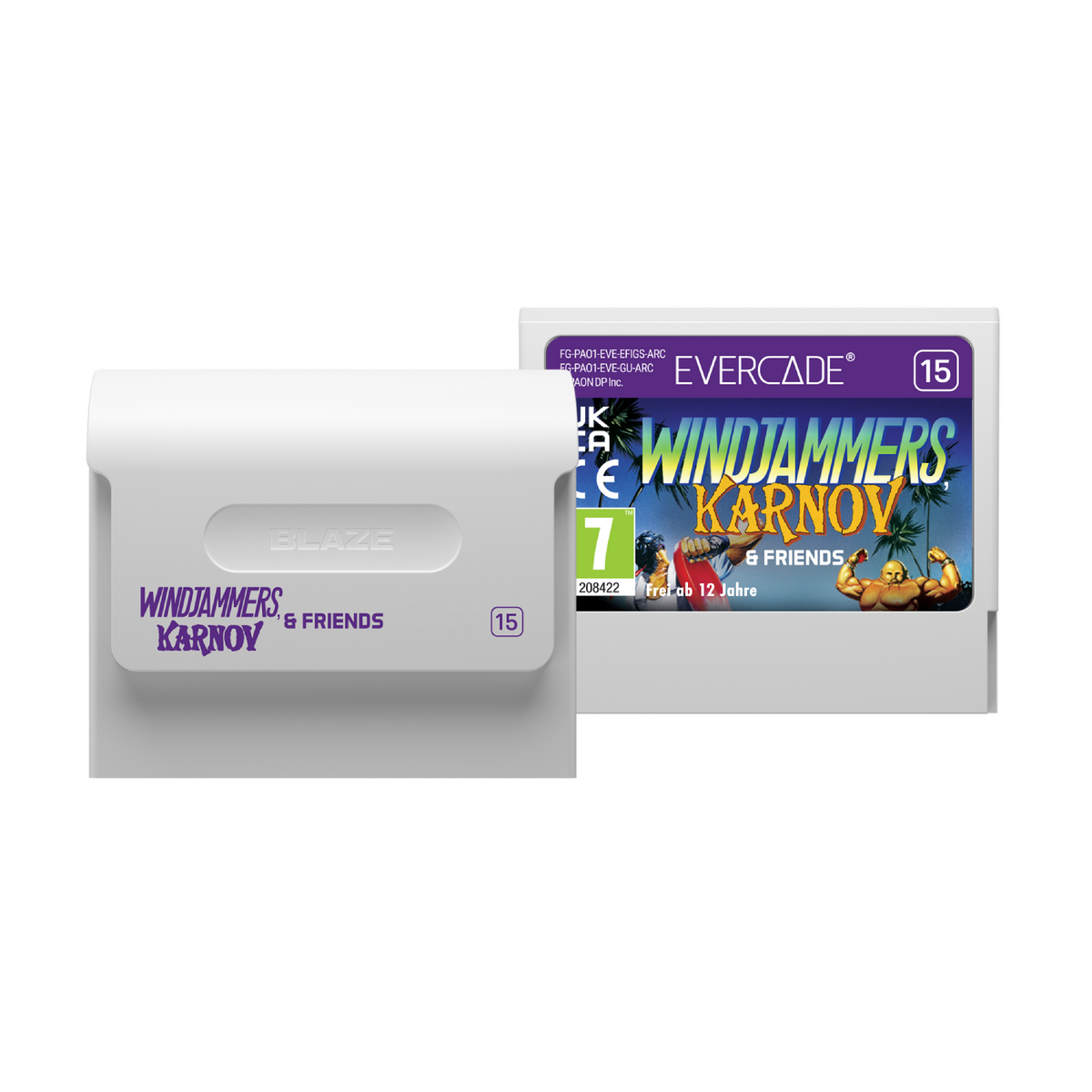 Dwa kartridże do gier. Jeden biały, jeden z etykietą gry, z napisem 'Windjammers Karnov & Friends'.