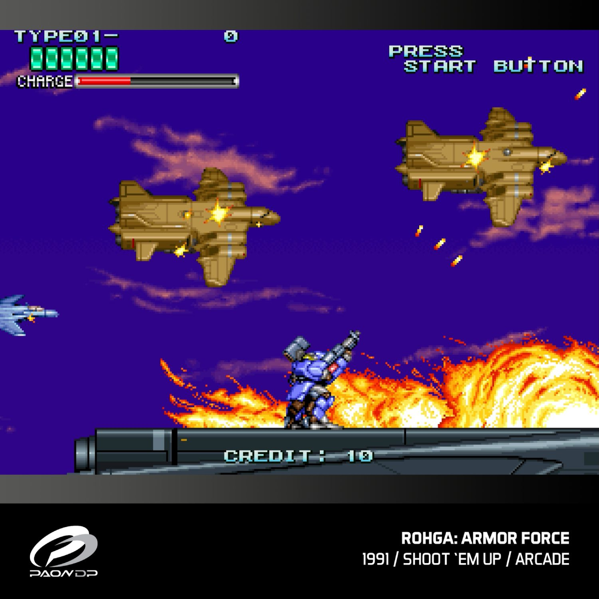 Zrzut ekranu z gry retro z statkami kosmicznymi i robotami. Schemat kolorów niebieski, fioletowy i czarny.