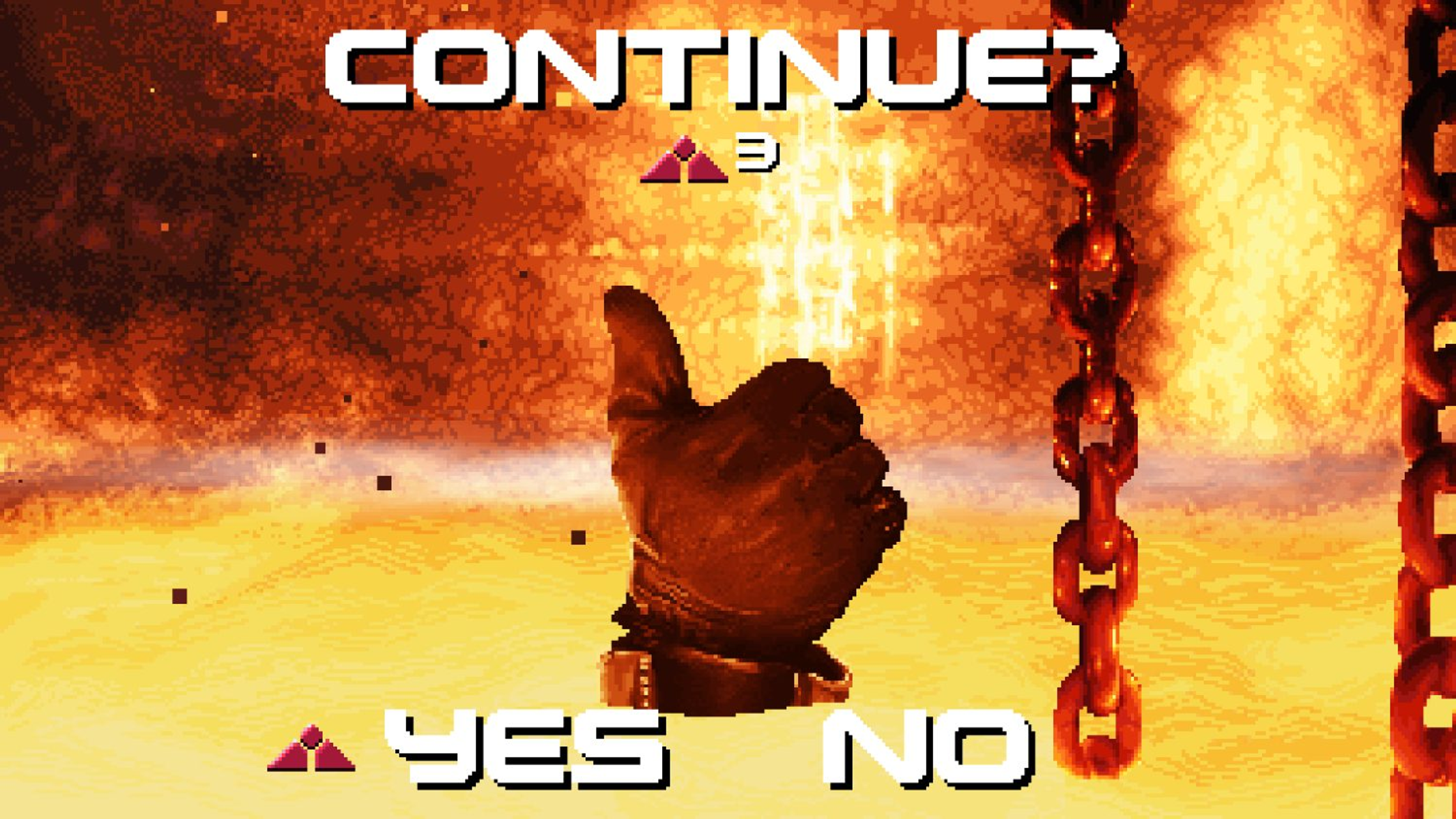 Scena z gry retro. Dłoń z kciukiem w górę na tle ognistego tła. Tekst: 'KONTYNUOWAĆ?' i 'TAK'.